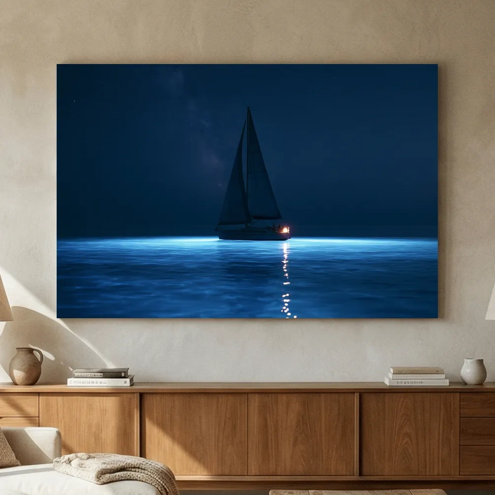 Moonlit Sailboat Silhouette - Surreal Photographic Ocean Wall Art