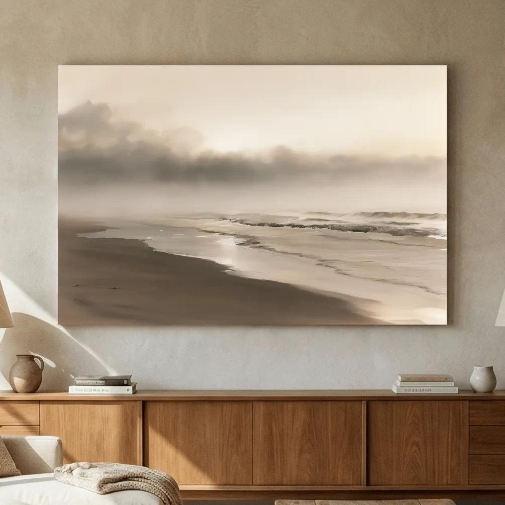 Misty Morning Beach Watercolour - Minimalist Boho Landscape Art