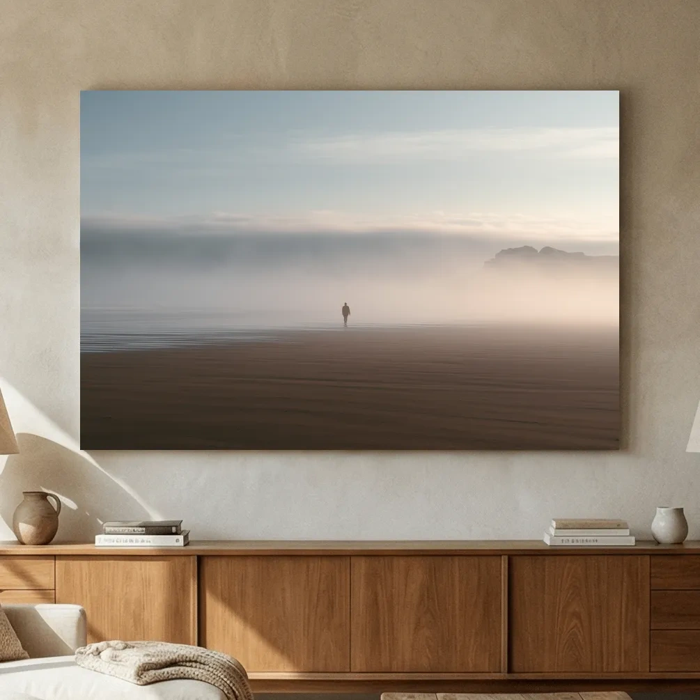 Misty Solitary Beach Walker - Minimalist Photographic Wall Art