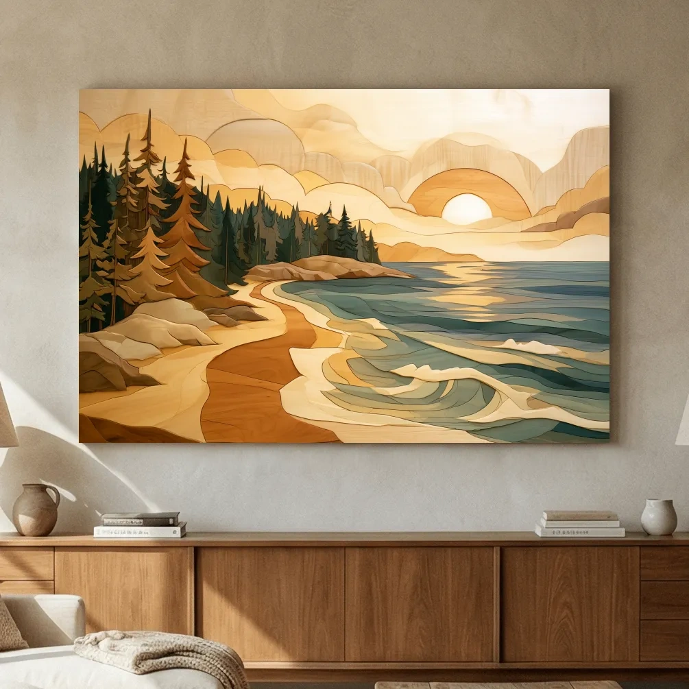 Coastal Sunset Forest - Wood Intarsia Style Seascape Wall Art