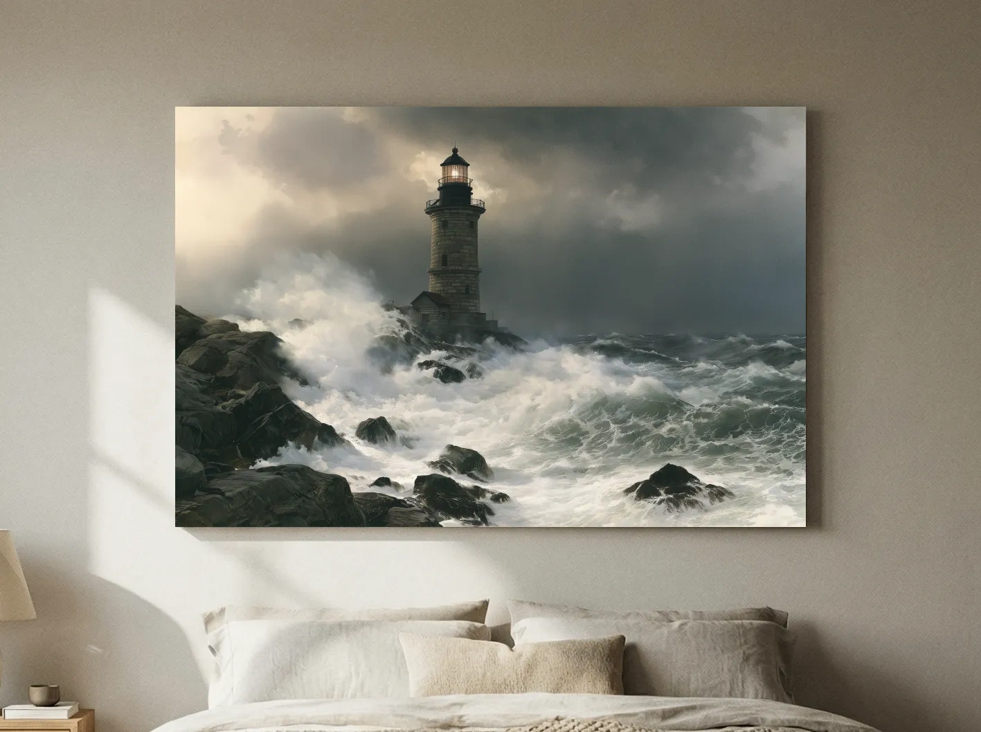 Stormy Lighthouse Seascape Painting - Dramatic Ocean Wall Art