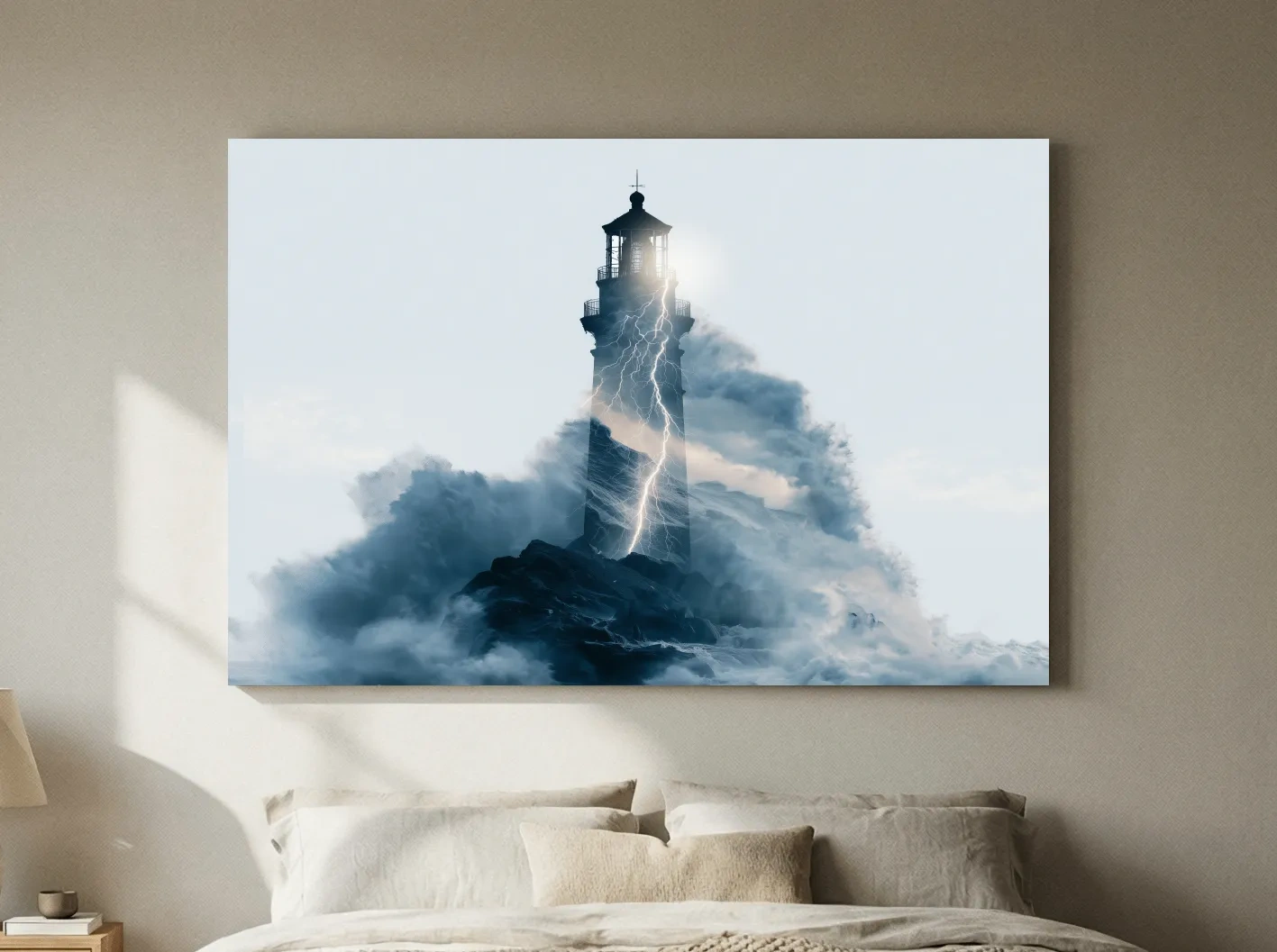 Surreal Lightning Lighthouse Double Exposure - Stormy Coastal Illustration Wall Art