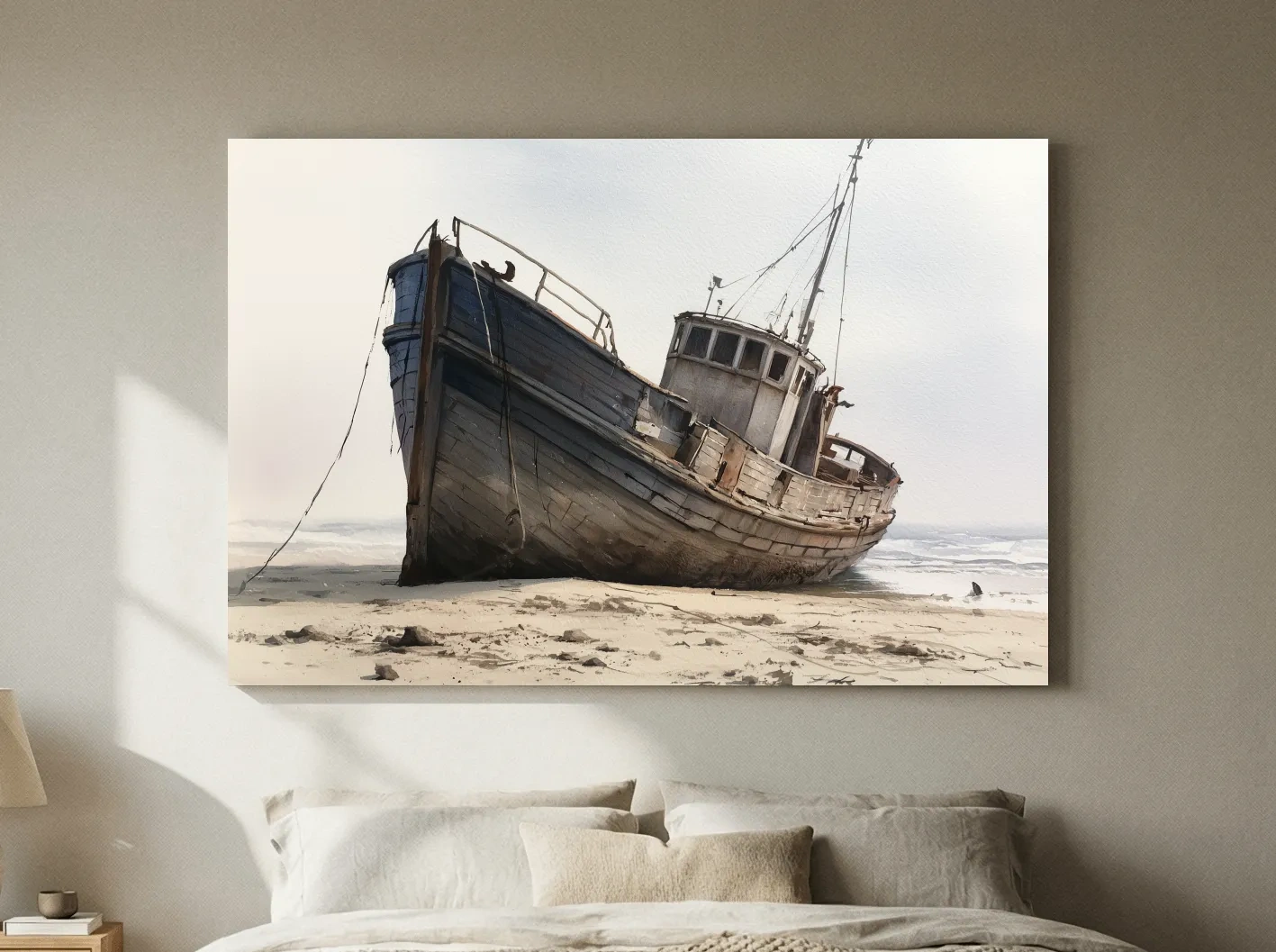 Rustic Shipwreck Watercolour Painting - Weathered Nautical Beach Wall Art