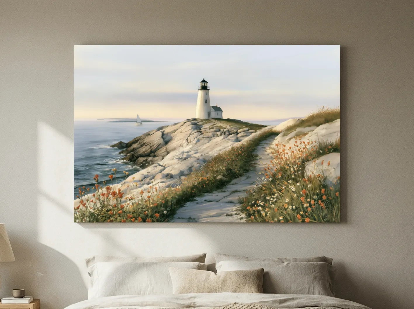 Serene Rocky Lighthouse Painting - Coastal Landscape Wall Art