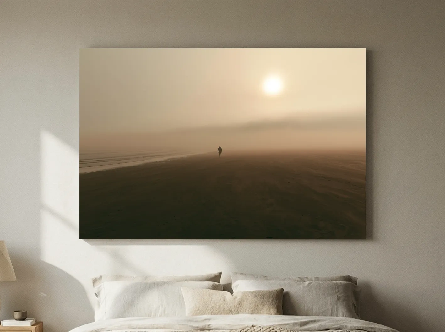 Misty Solitary Beach Walker - Minimalist Photographic Wall Art