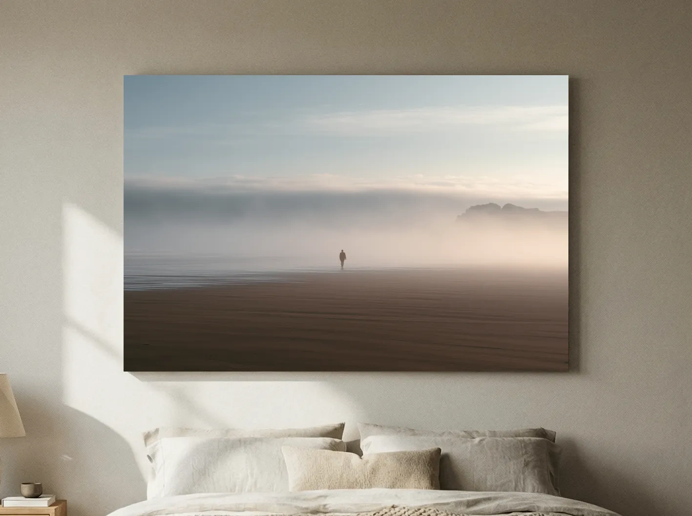 Misty Solitary Beach Walker - Minimalist Photographic Wall Art