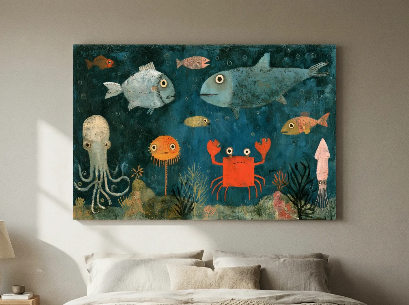 Whimsical Folk Art Marine Life Painting - Underwater Nursery Wall Art
