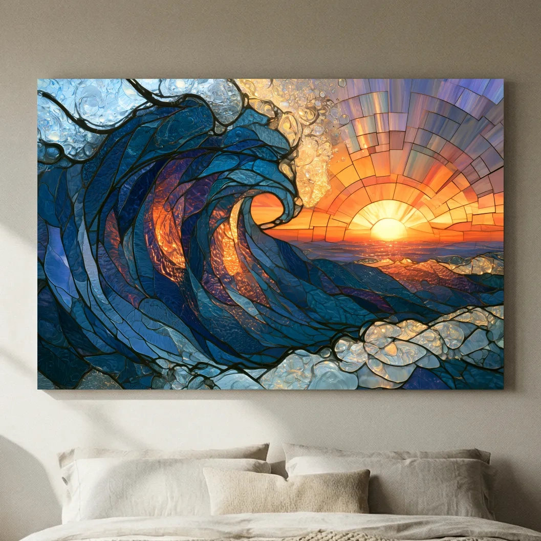 Stained Glass Crashing Wave Sunset - Mosaic Ocean Wall Art