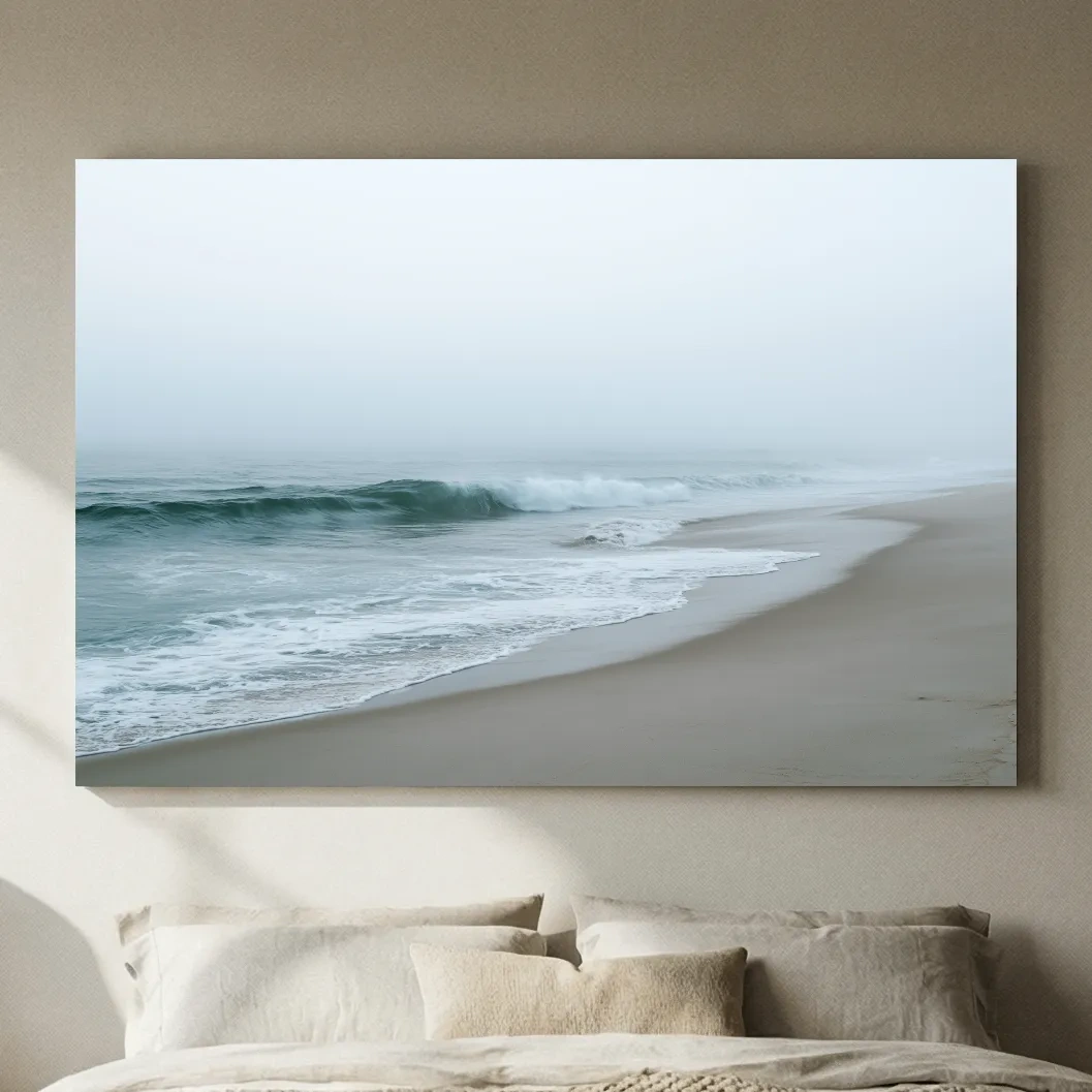 Misty Beach Waves - Minimalist Photographic Wall Art
