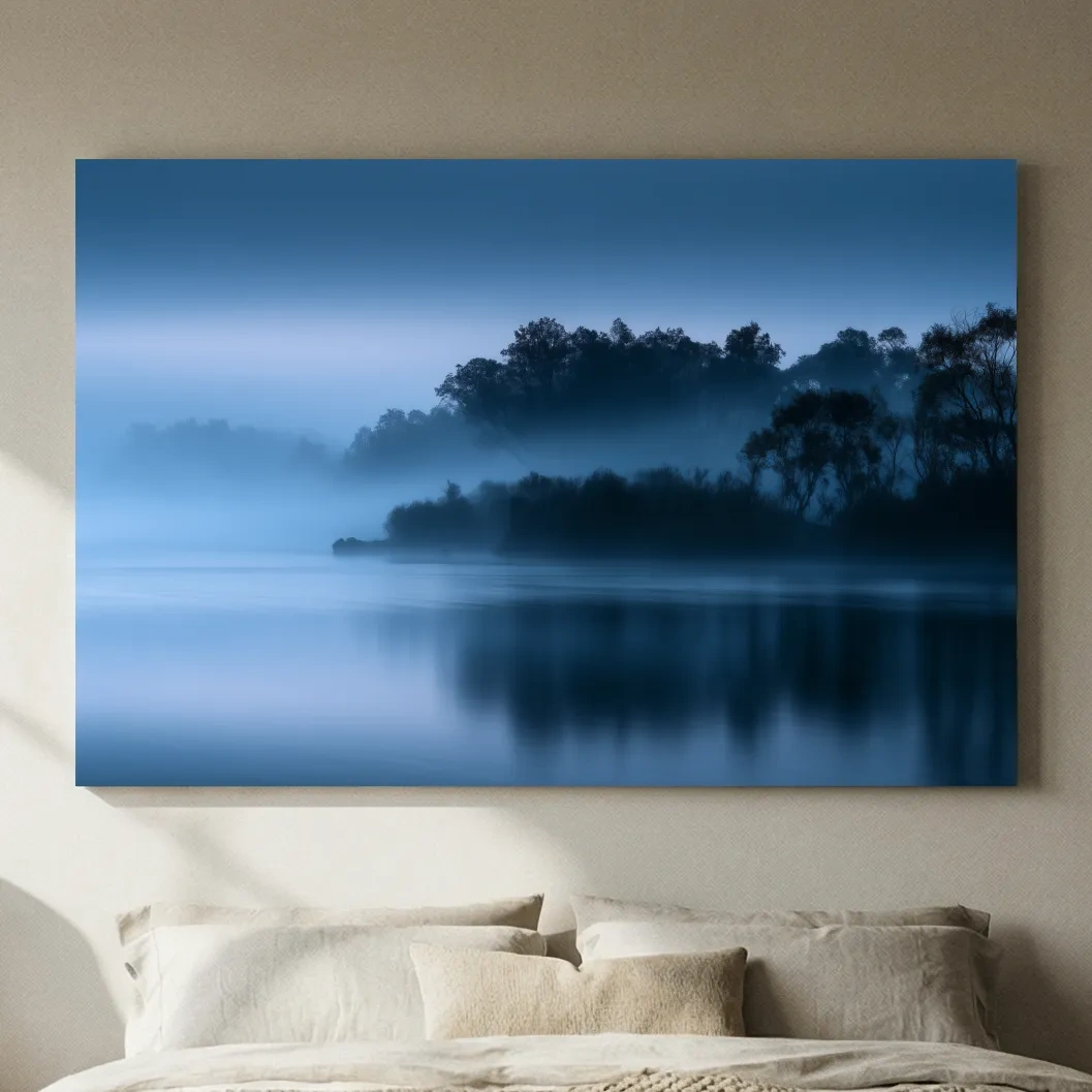 Misty Riverbank Trees - Minimalist Photographic Landscape Wall Art