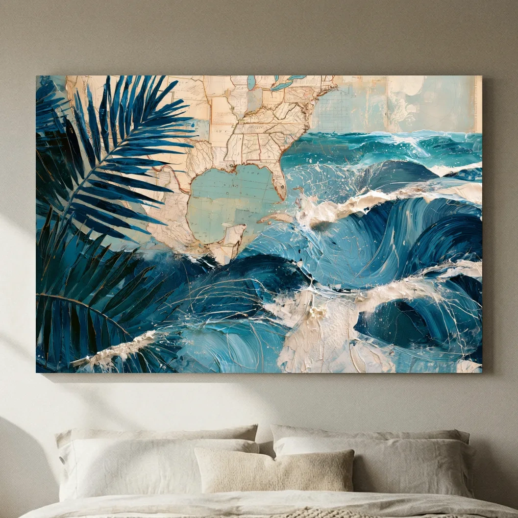 Tropical Palm Waves Map Collage - Mixed Media Ocean Wall Art