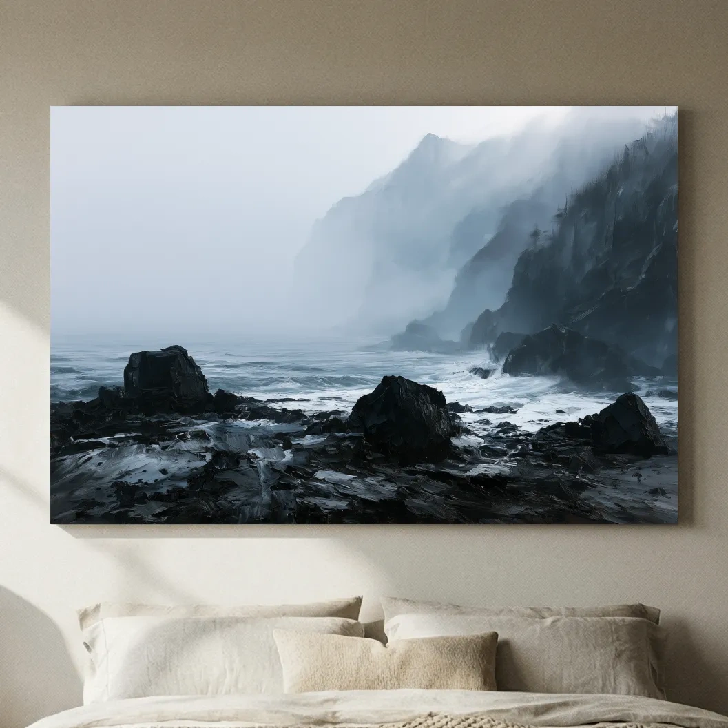 Misty Rocky Coastline Painting - Dramatic Foggy Seascape Wall Art