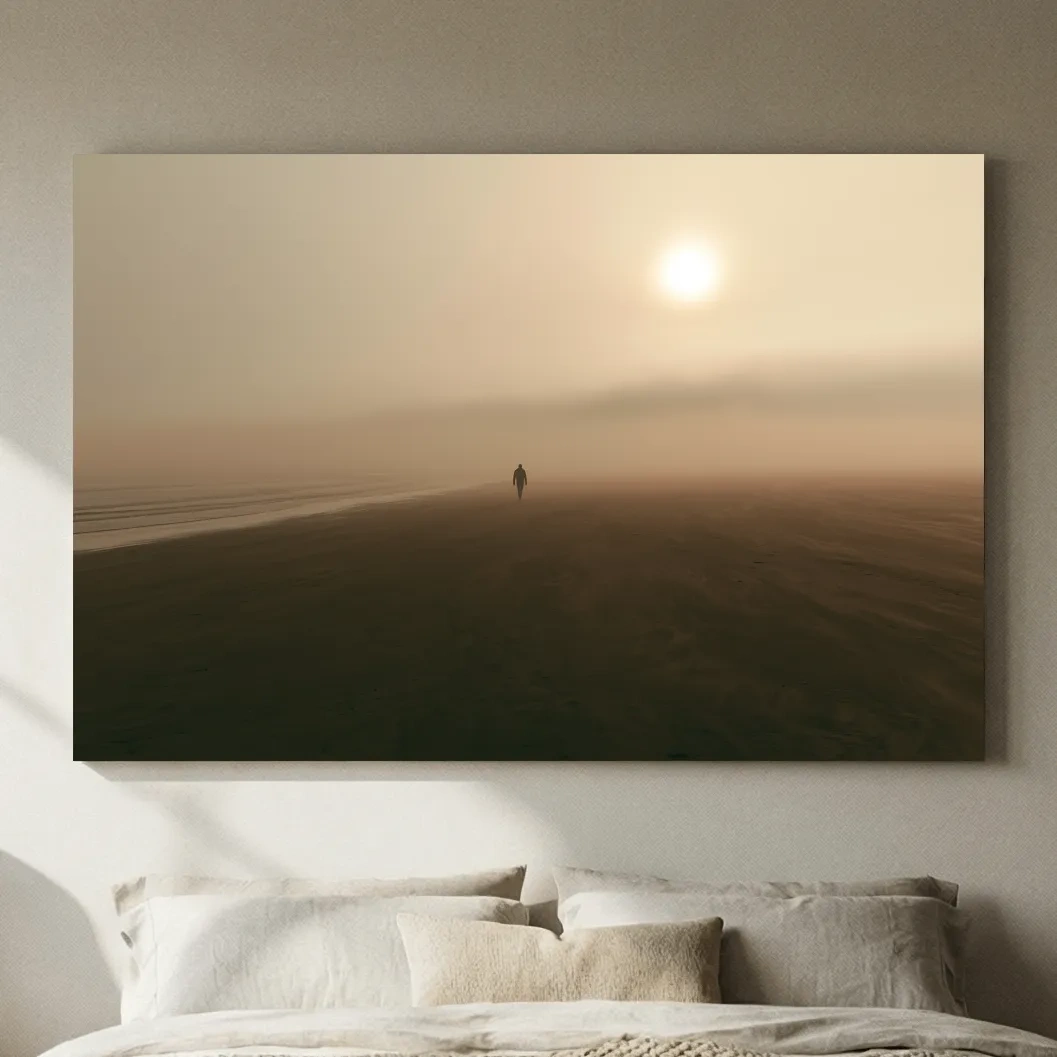 Misty Solitary Beach Walker - Minimalist Photographic Wall Art
