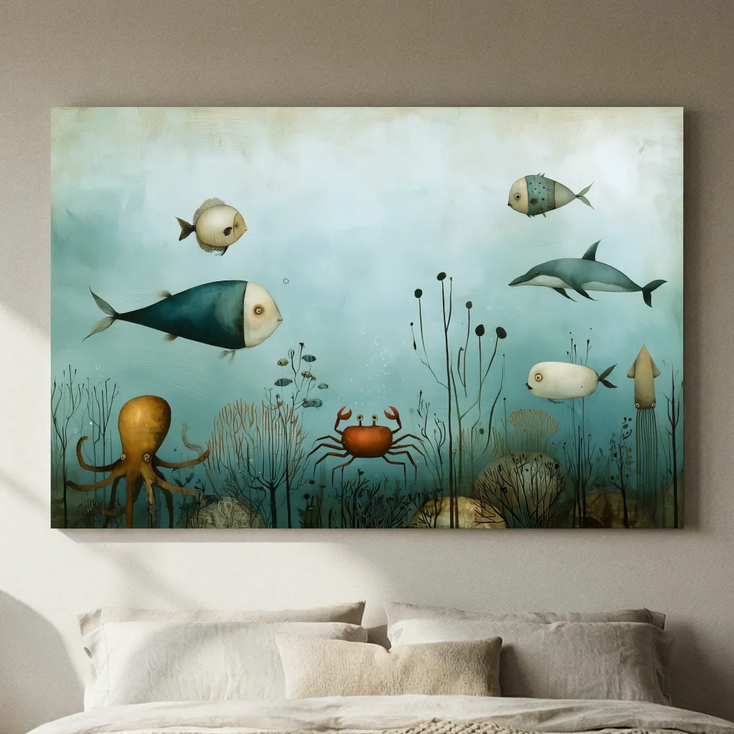Whimsical Underwater Marine Life Painting - Fish Dolphin Octopus Crab Wall Art