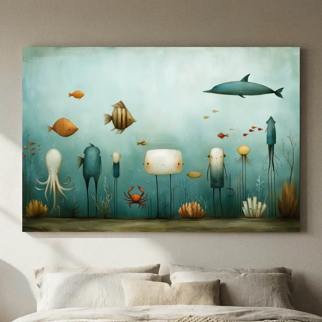 Whimsical Underwater Marine Life Painting - Quirky Folk Art