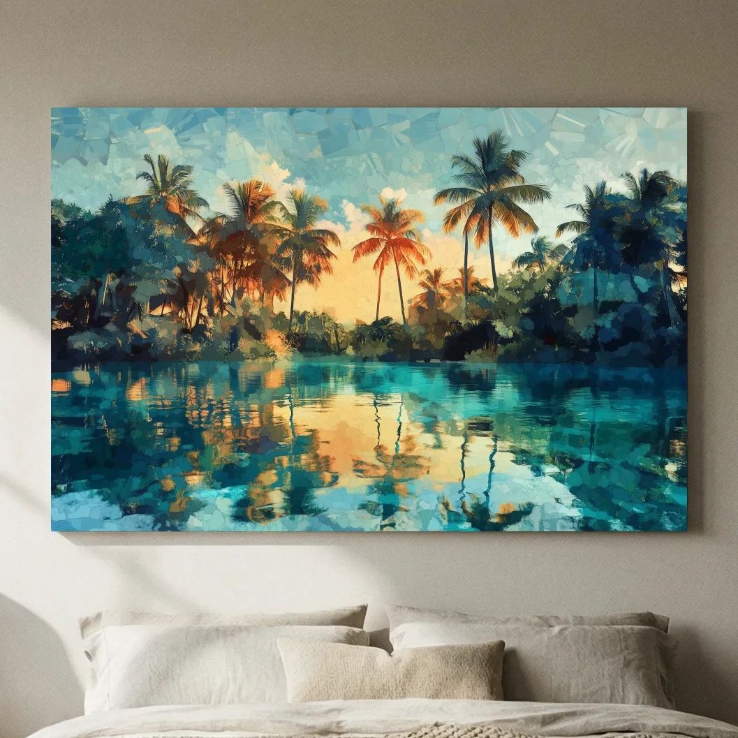 Tropical Lagoon Palm Reflections - Abstract Sunset Painting Wall Art