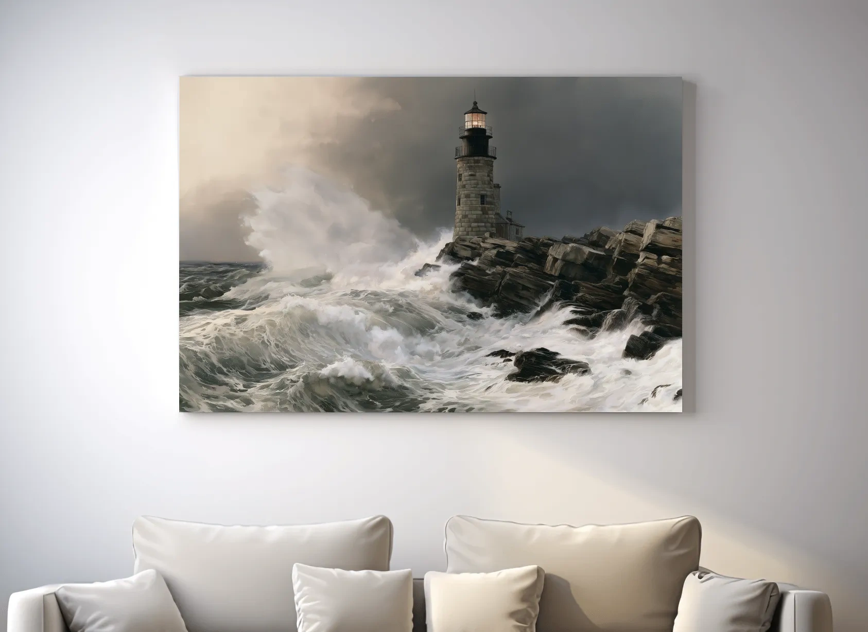 Stormy Lighthouse Seascape Painting - Dramatic Waves Wall Art