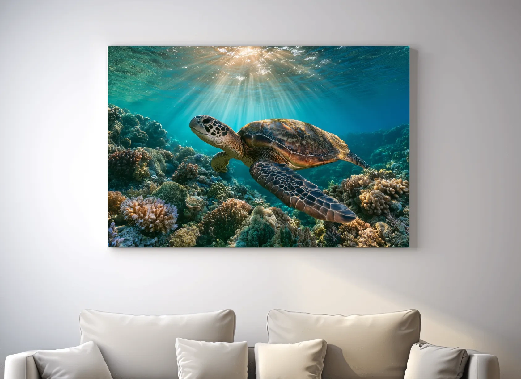 Sunlit Sea Turtle Coral Reef - Underwater Marine Life Photographic Artwork