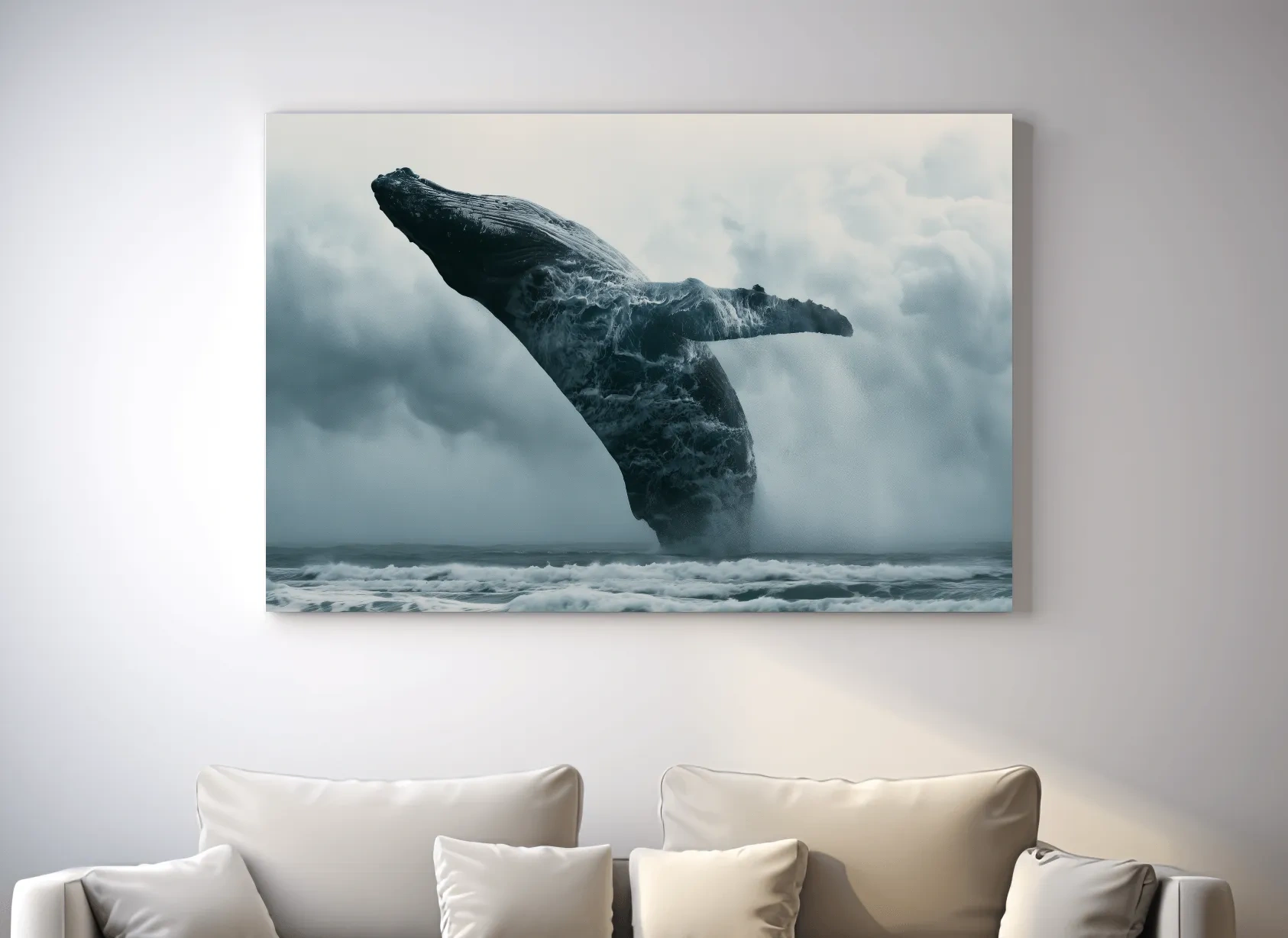 Surreal Humpback Whale Double Exposure - Stormy Ocean Illustration Wall Art