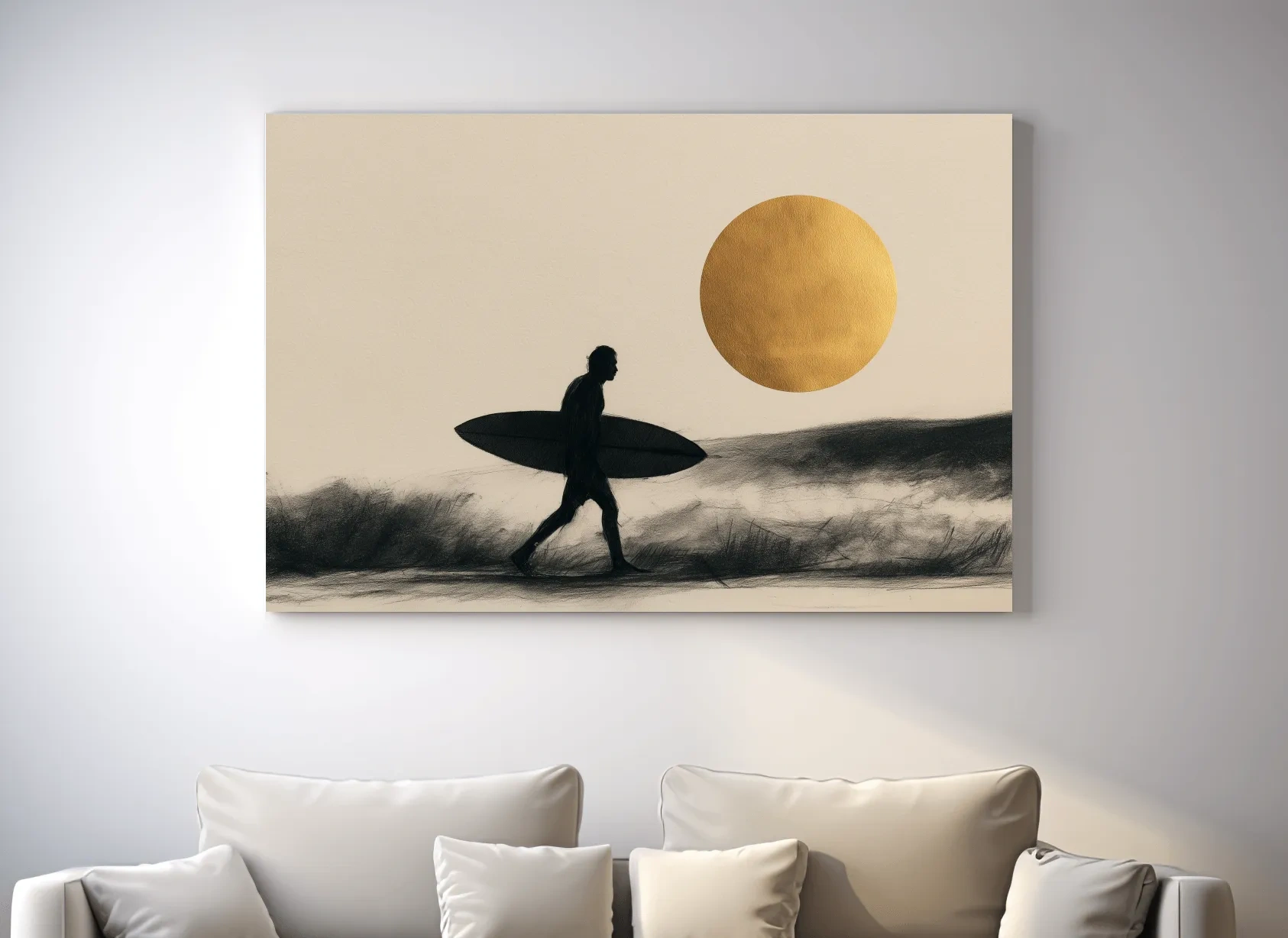 Surfer Silhouette Drawing - Golden Sunset Beach Wall Art