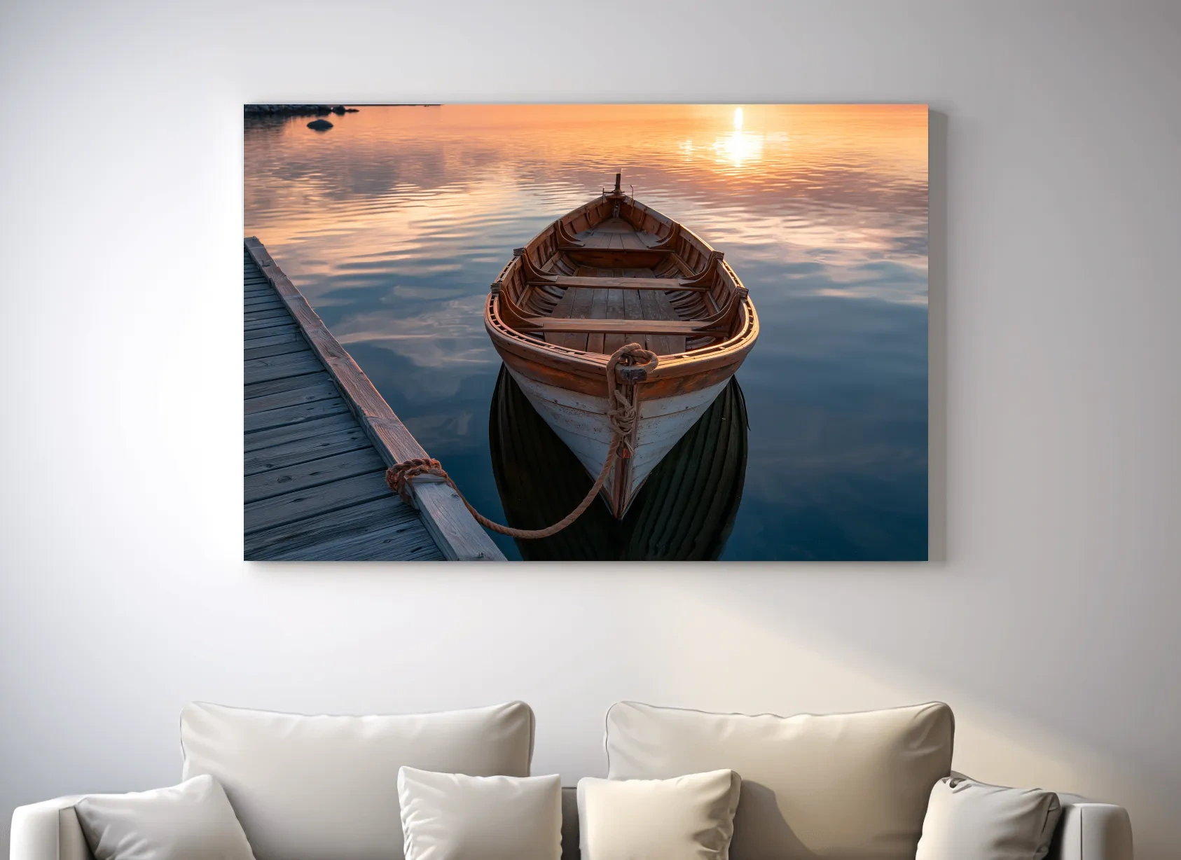 Vintage Wooden Rowboat at Golden Sunrise - Photographic Nautical Wall Art