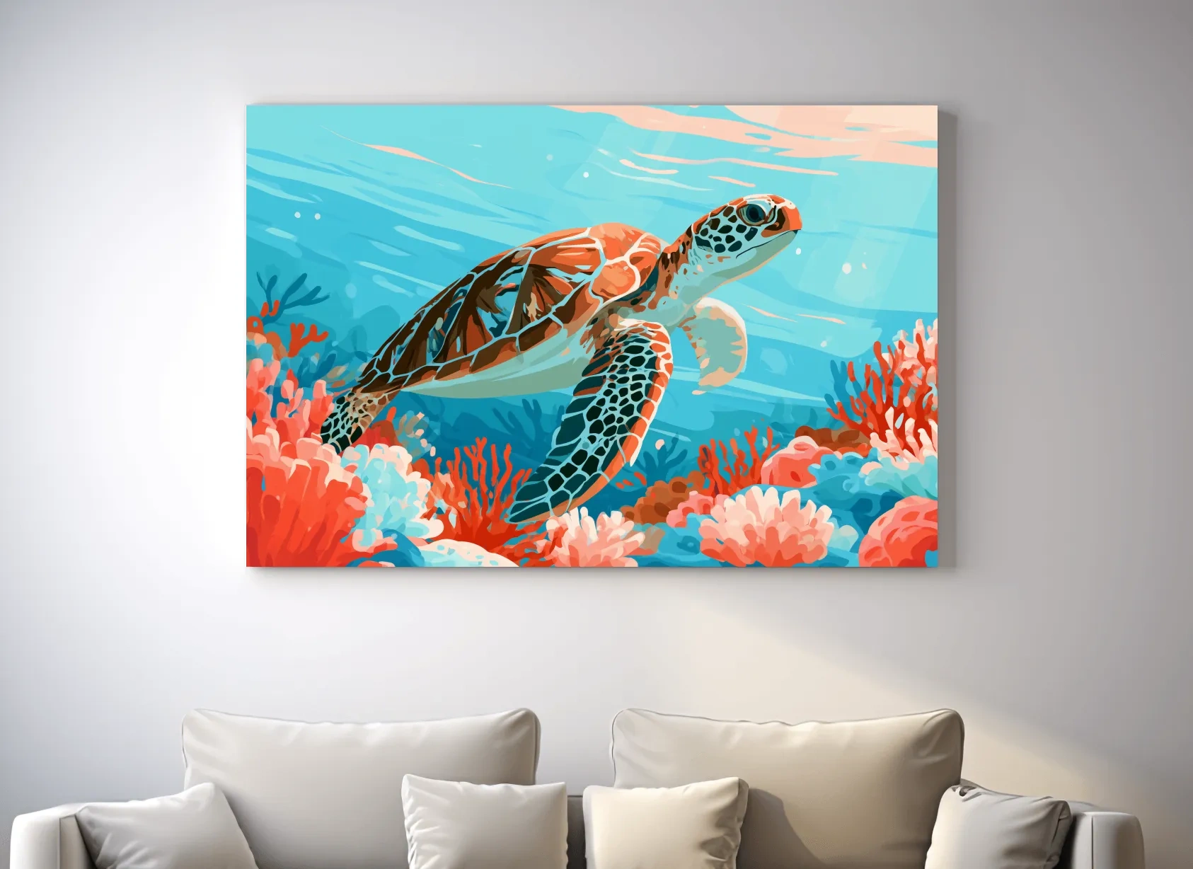 Mid-Century Sea Turtle Reef Illustration - Minimalist Marine Life Wall Art