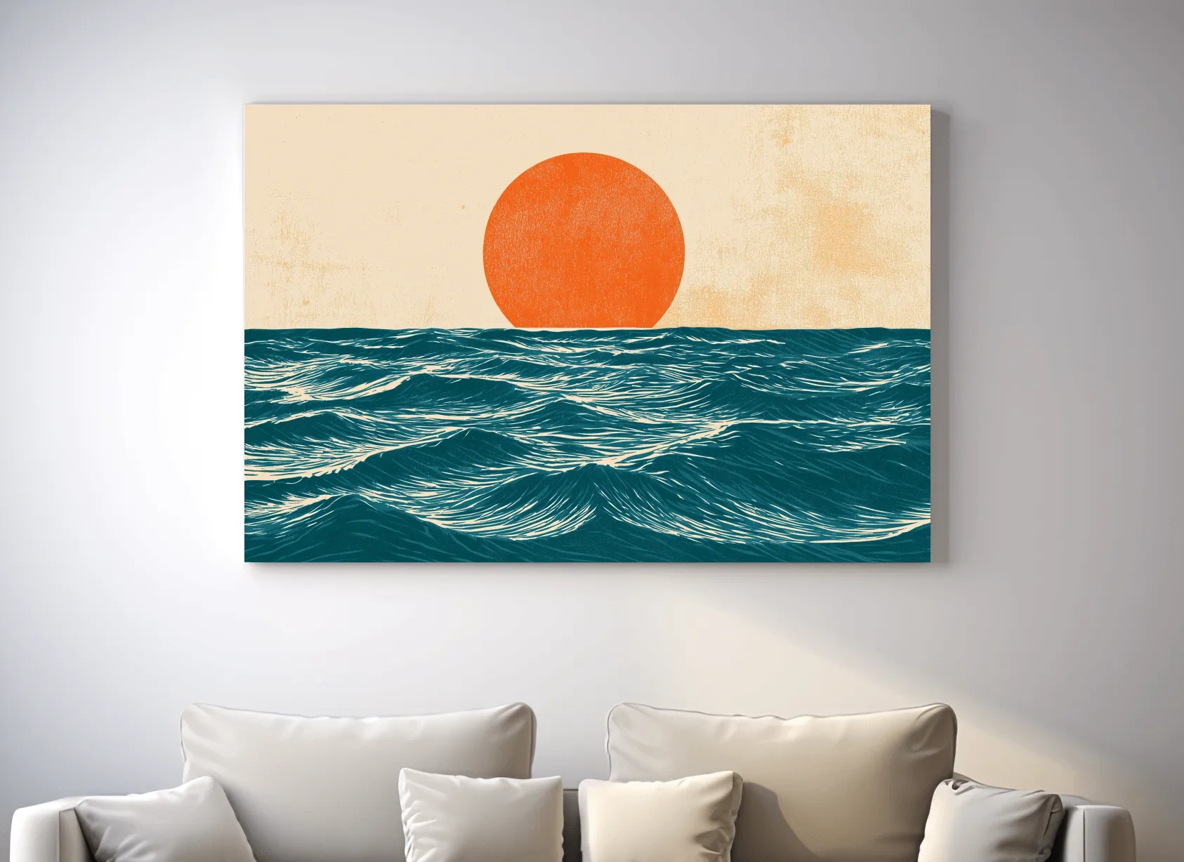 Mid-Century Ocean Sunrise Illustration - Minimalist Wave Wall Art