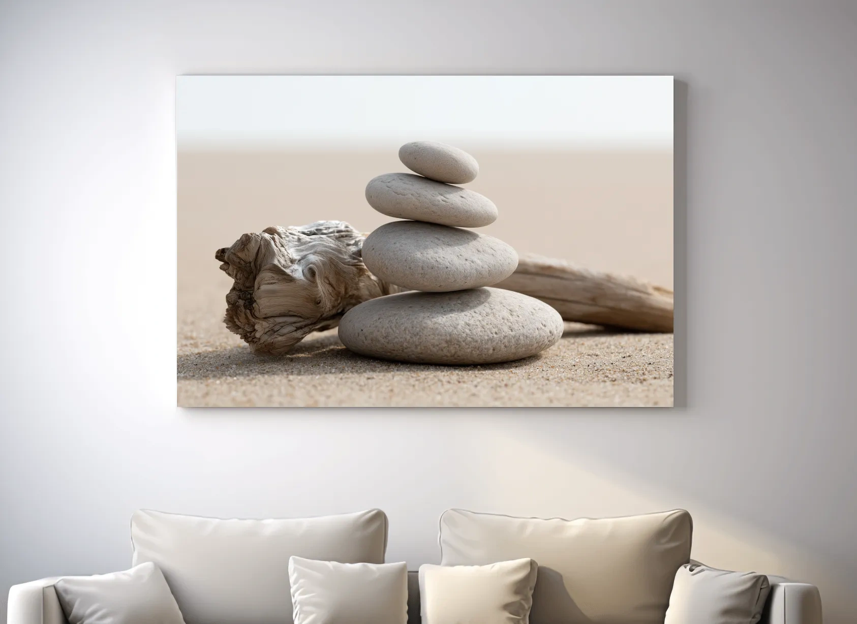 Balanced Pebble Cairn With Driftwood - Minimalist Beach Photographic Wall Art