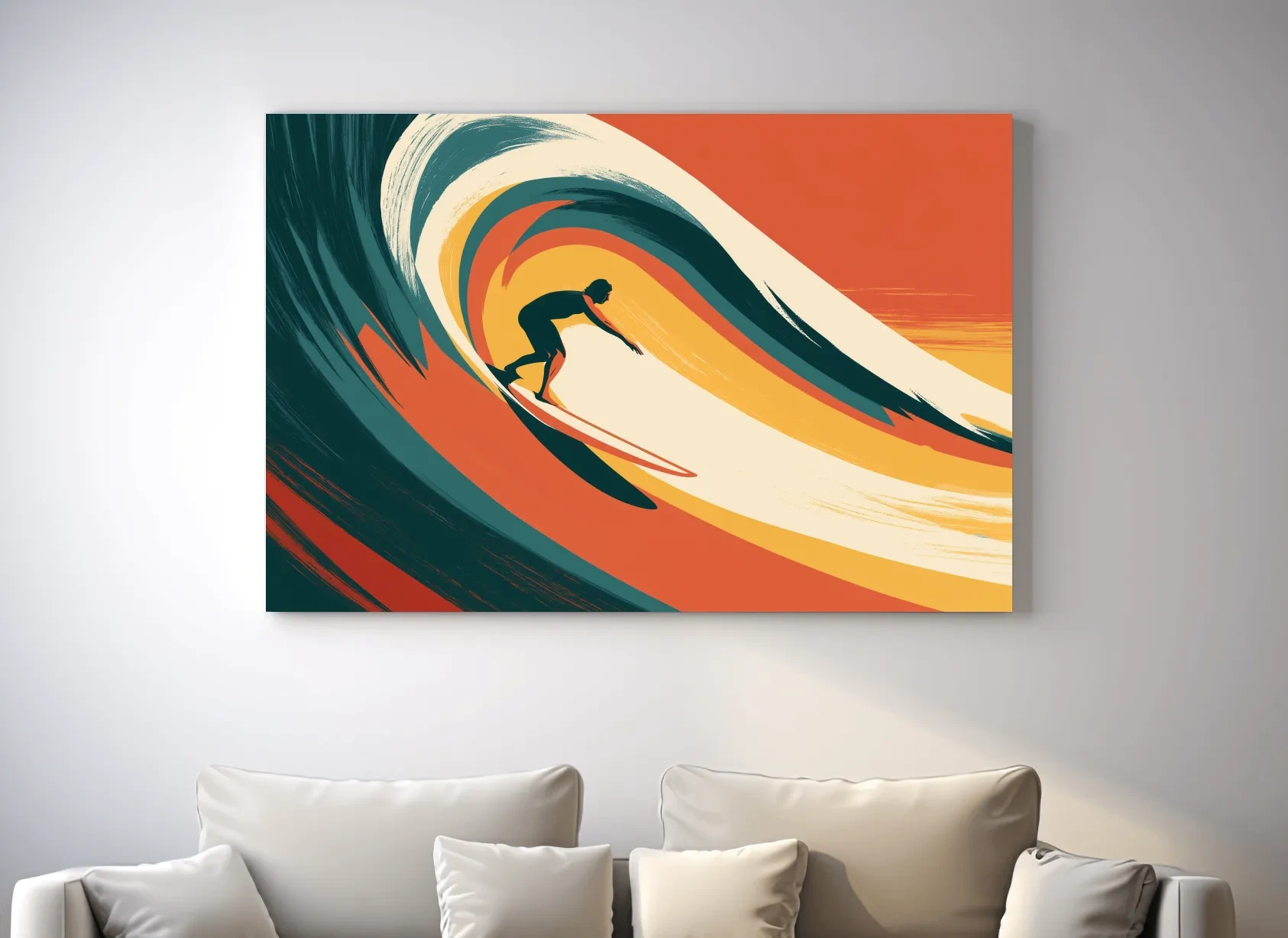 Mid-Century Surfer Riding Wave - Retro Vector Ocean Wall Art