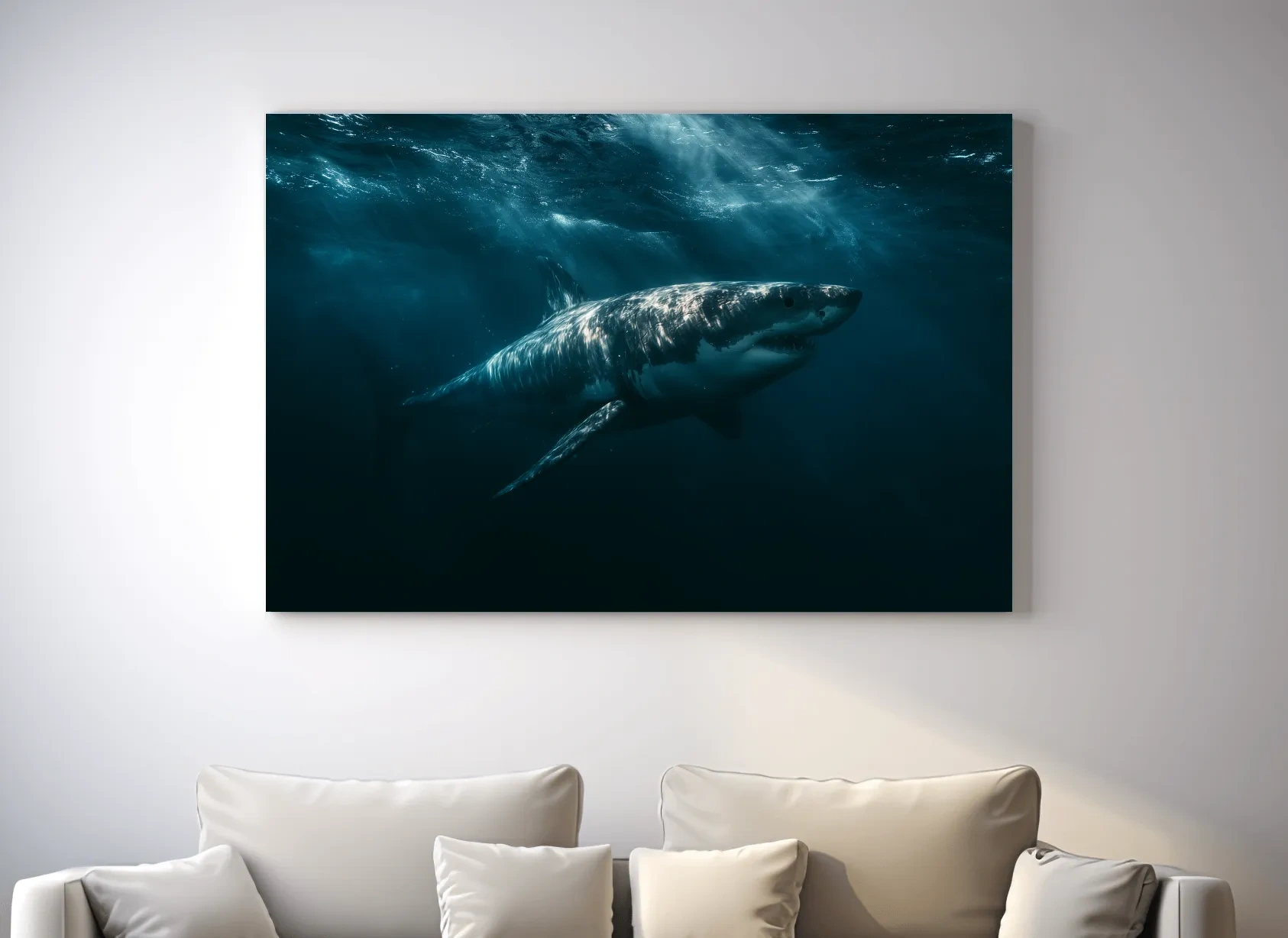 Great White Shark Underwater - Dramatic Marine Life Photographic Wall Art