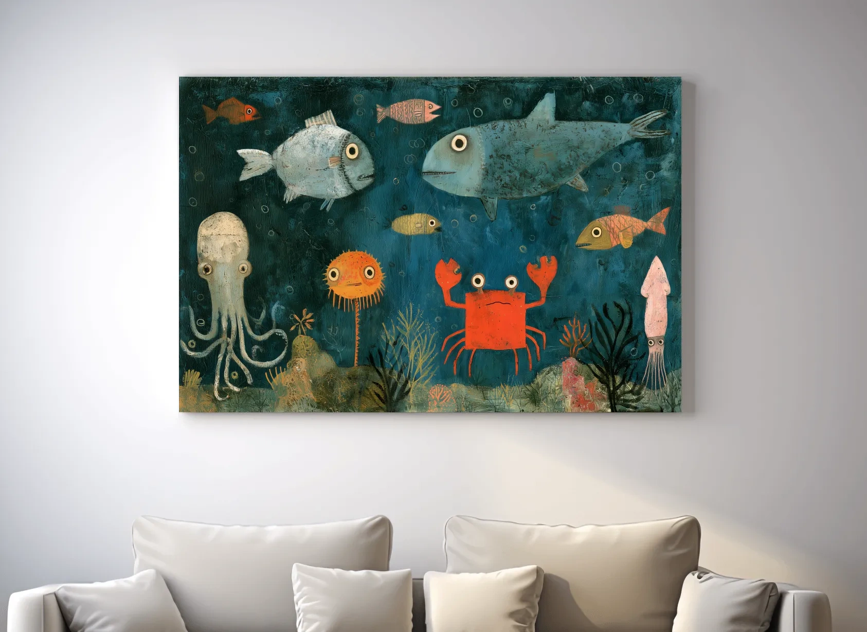 Whimsical Folk Art Marine Life Painting - Underwater Nursery Wall Art