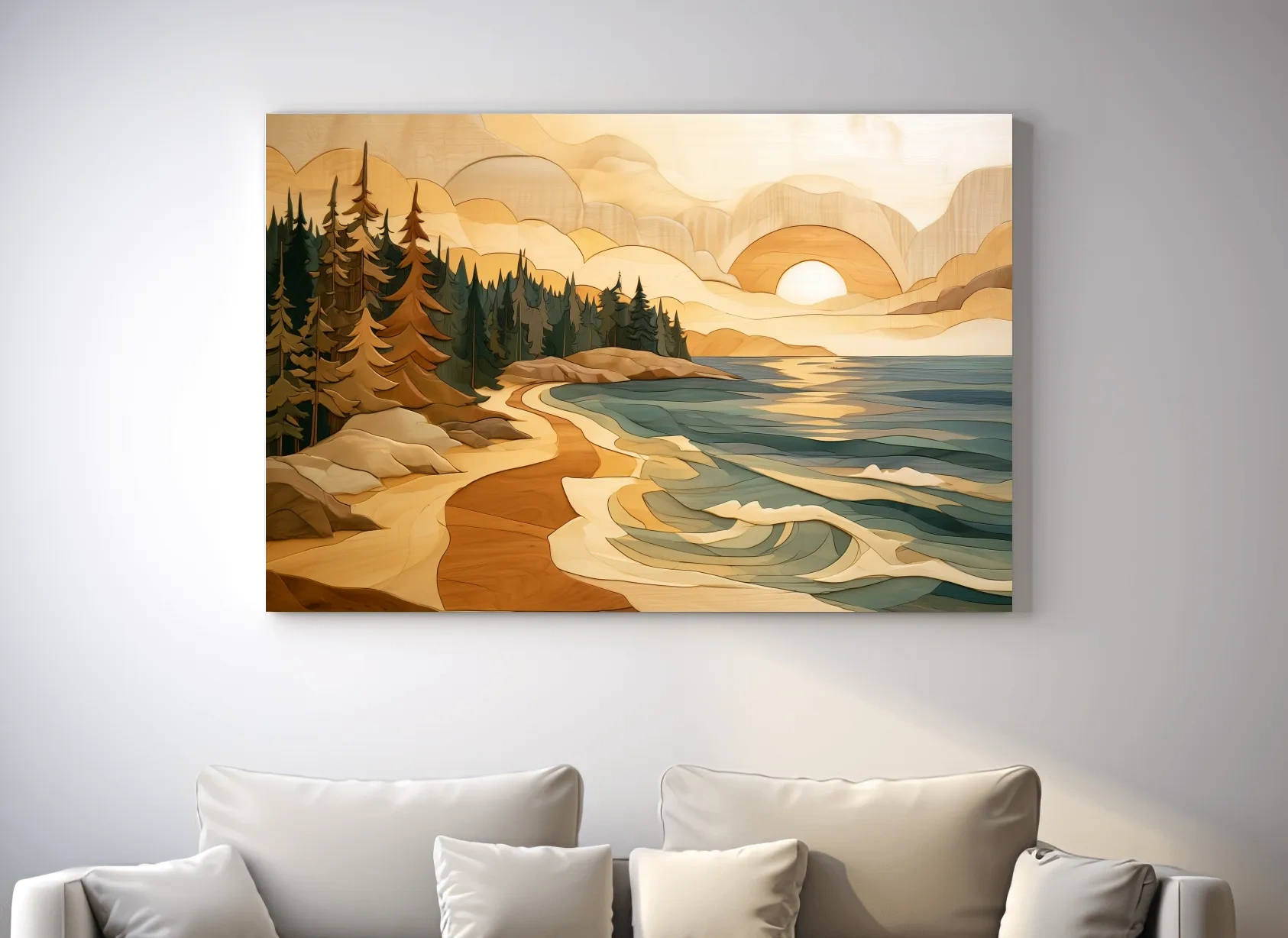 Coastal Sunset Forest - Wood Intarsia Style Seascape Wall Art