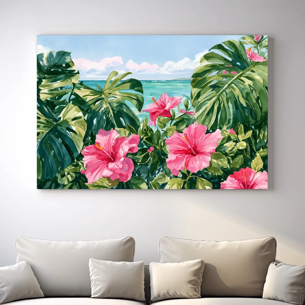 Tropical Monstera Hibiscus Watercolour - Botanical Beach Wall Art