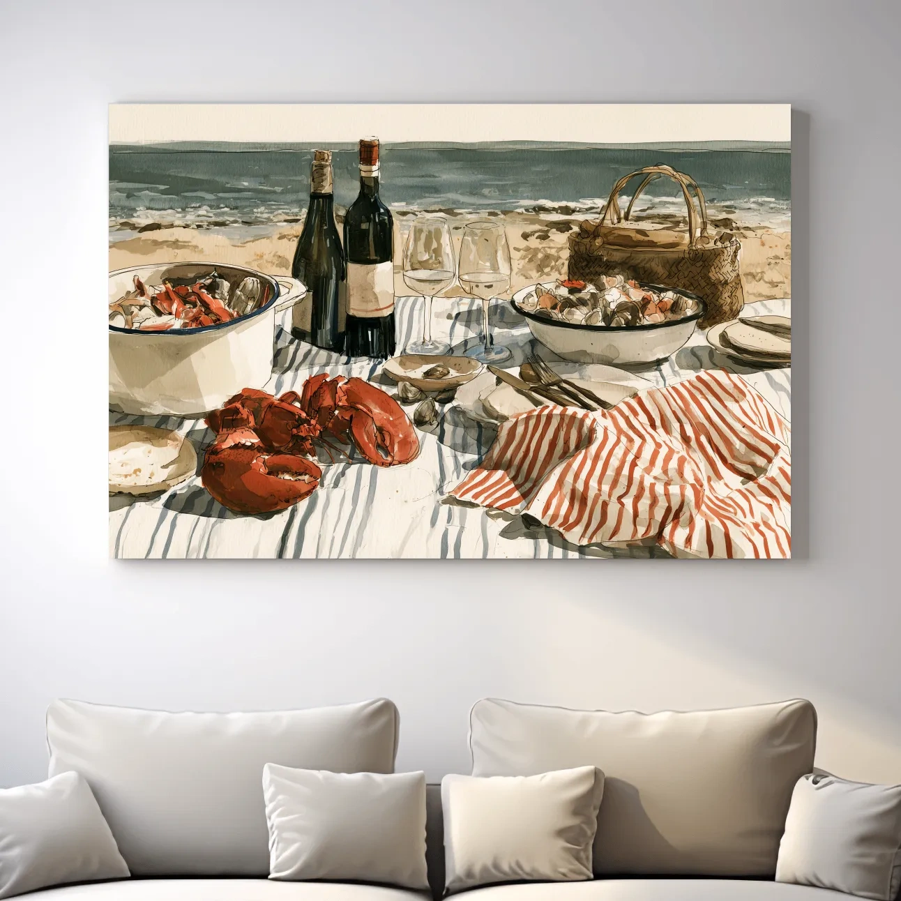 Watercolor Lobster Beach Picnic - Coastal Dining Wall Art