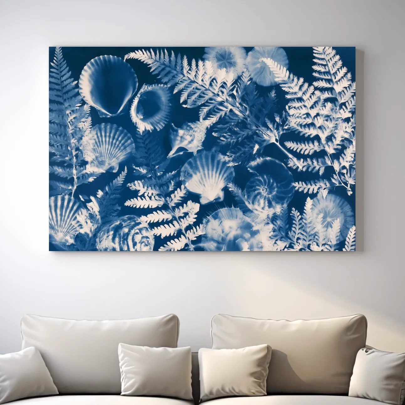 Cyanotype Seashell And Fern Illustration - Hamptons Tropical Wall Art