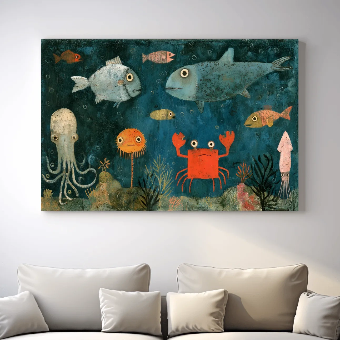 Whimsical Folk Art Marine Life Painting - Underwater Nursery Wall Art