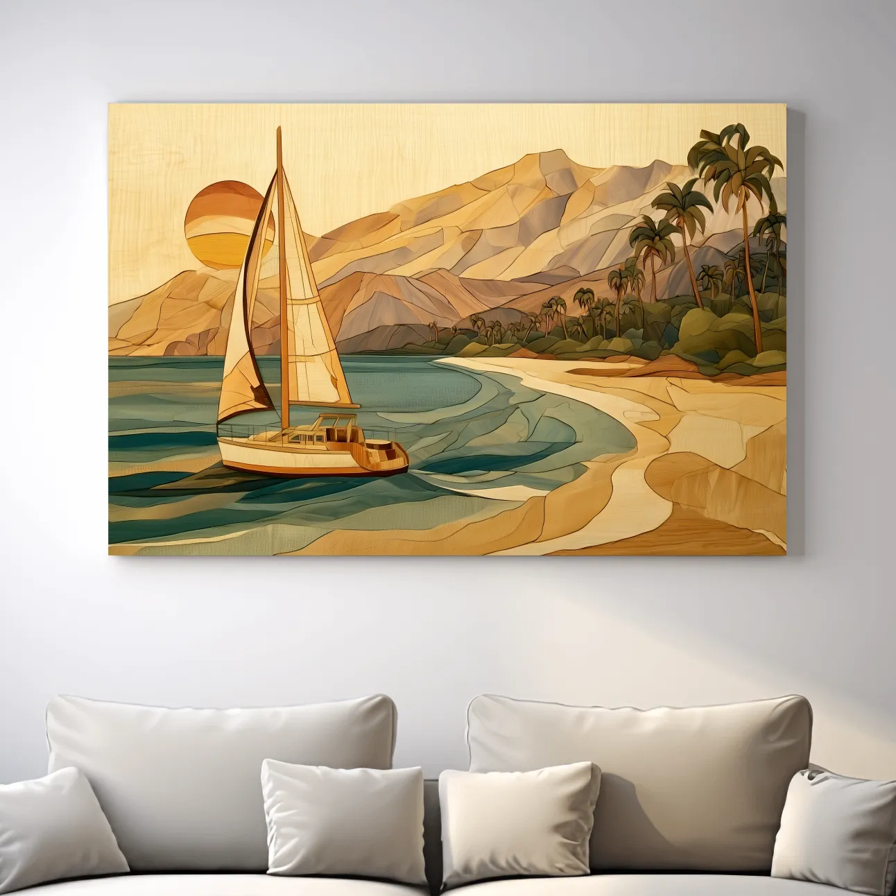 Wood Intarsia Sailboat Beach Scene - Coastal Wall Art