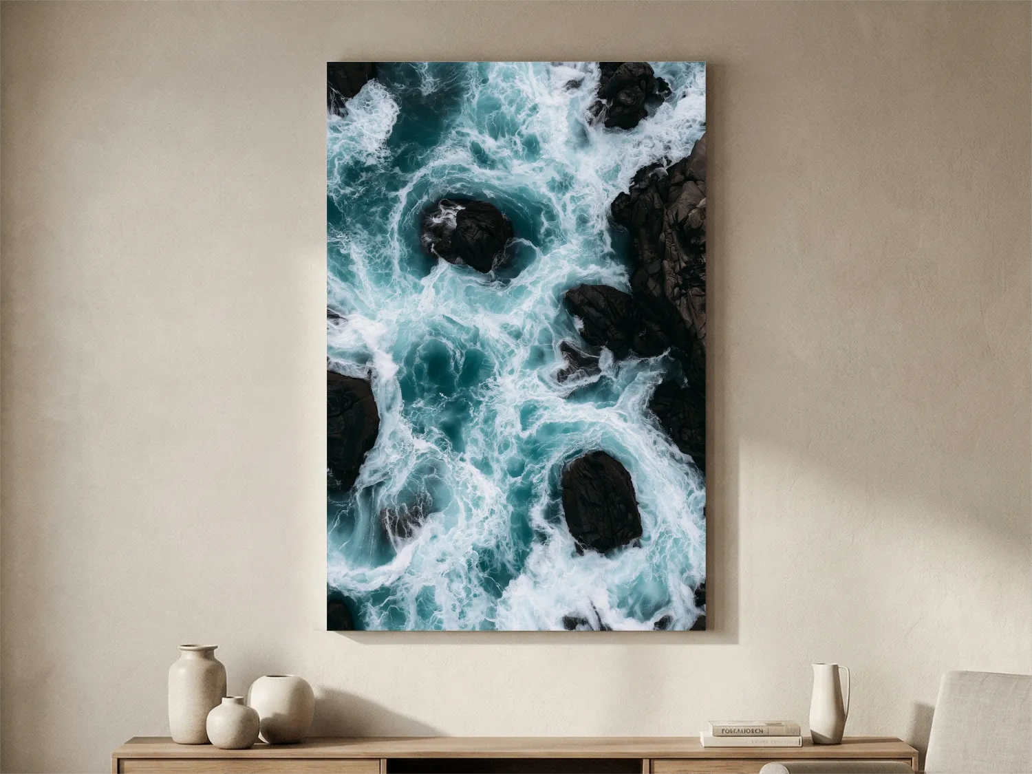 Aerial Crashing Waves Over Rocky Shore - Dramatic Photographic Wall Art