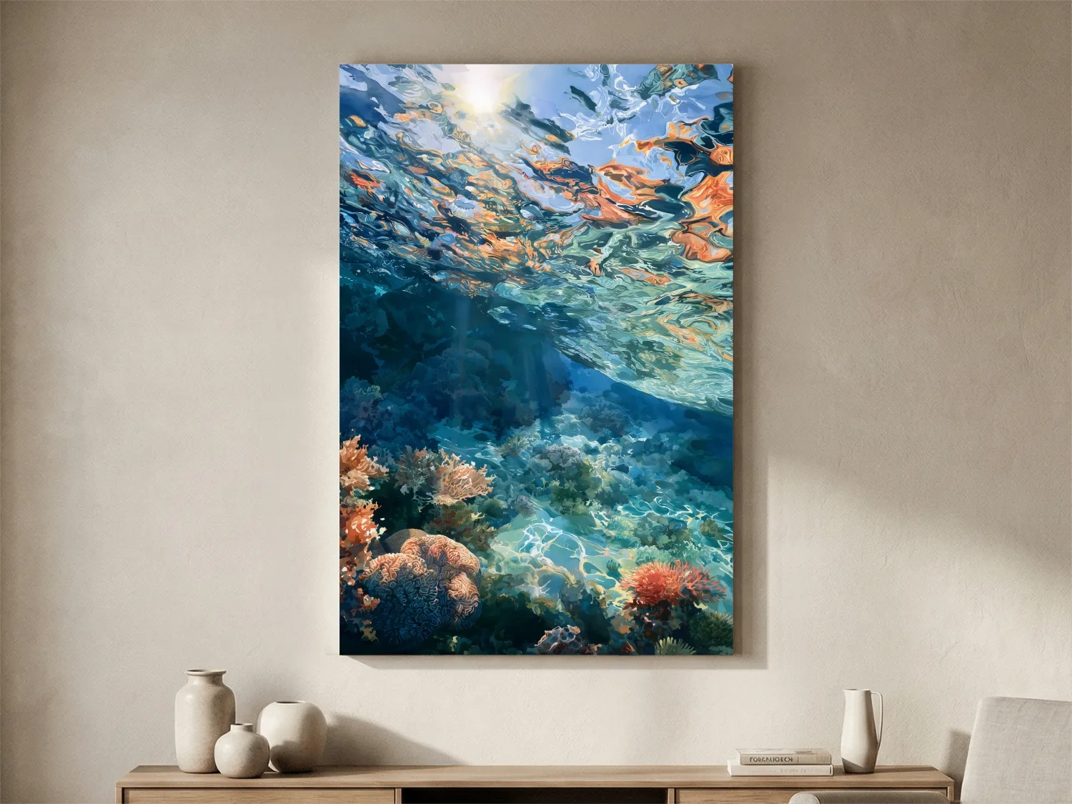 Sunlit Underwater Coral Reef Painting - Vibrant Marine Wall Art