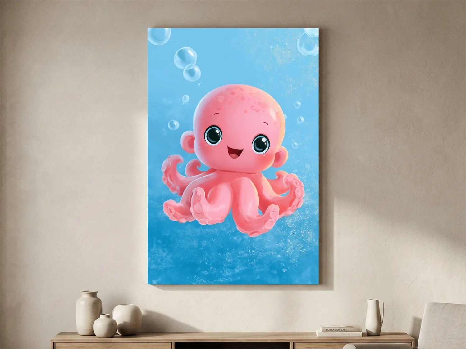 Cute Baby Octopus Underwater Illustration - Whimsical Nursery Marine Life Art