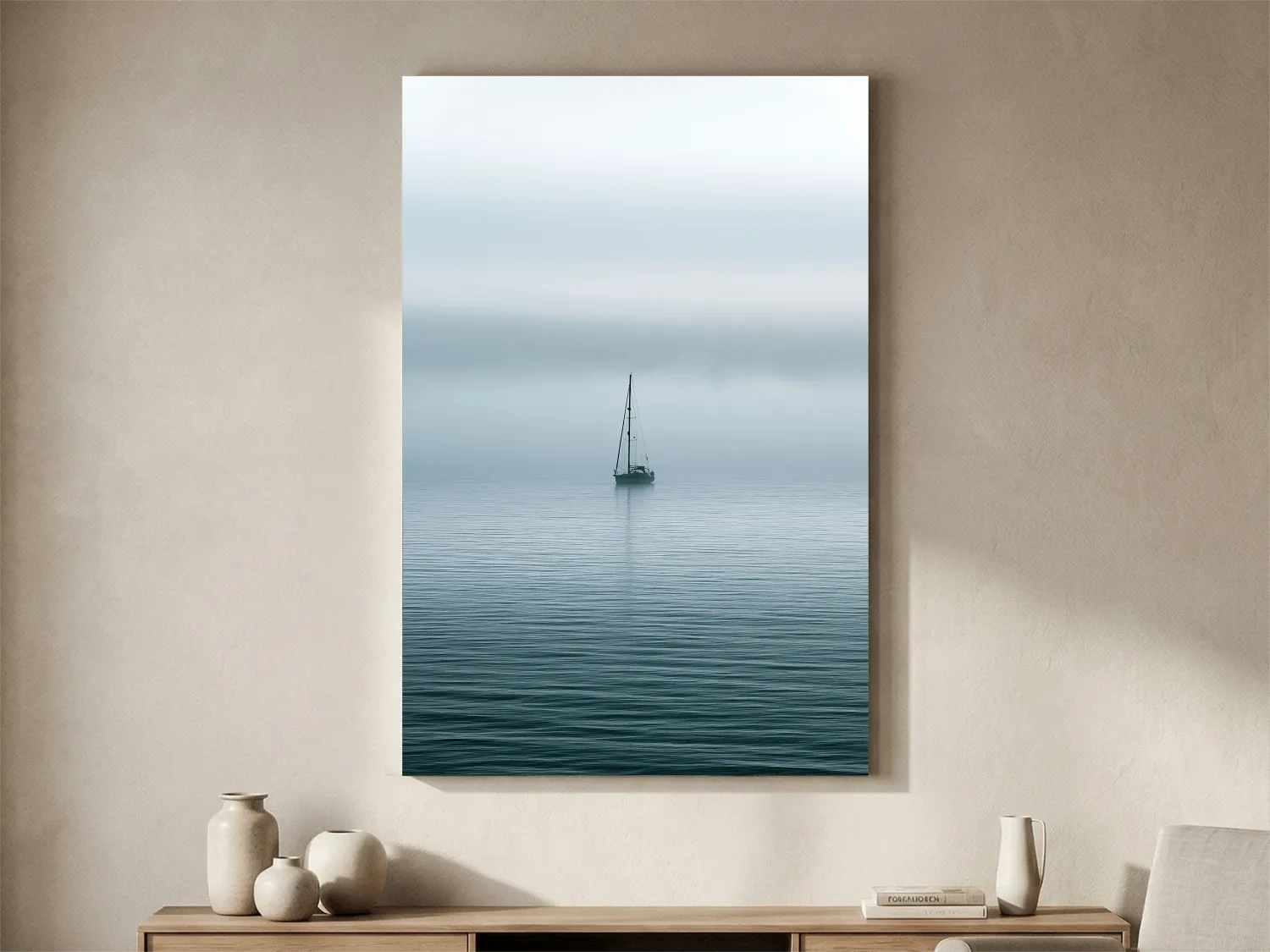 Misty Sailboat Horizon - Minimalist Photographic Ocean Wall Art