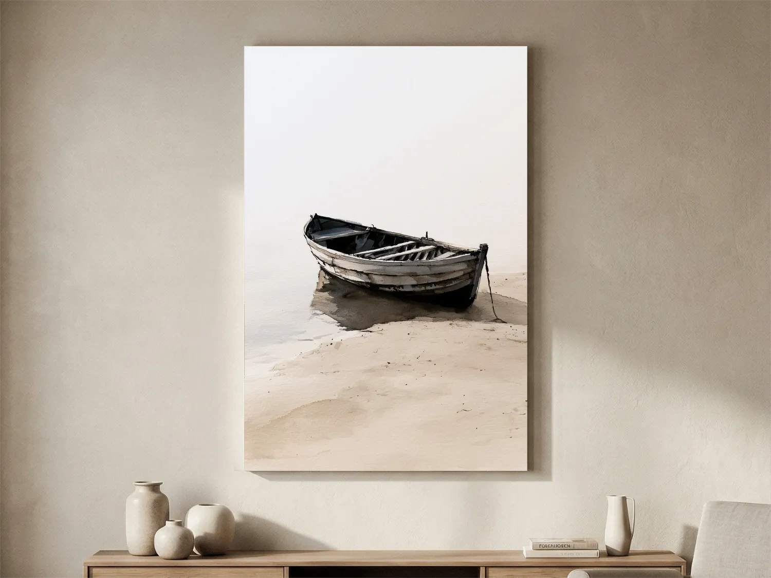 Misty Weathered Rowboat Watercolour - Minimalist Beach Wall Art