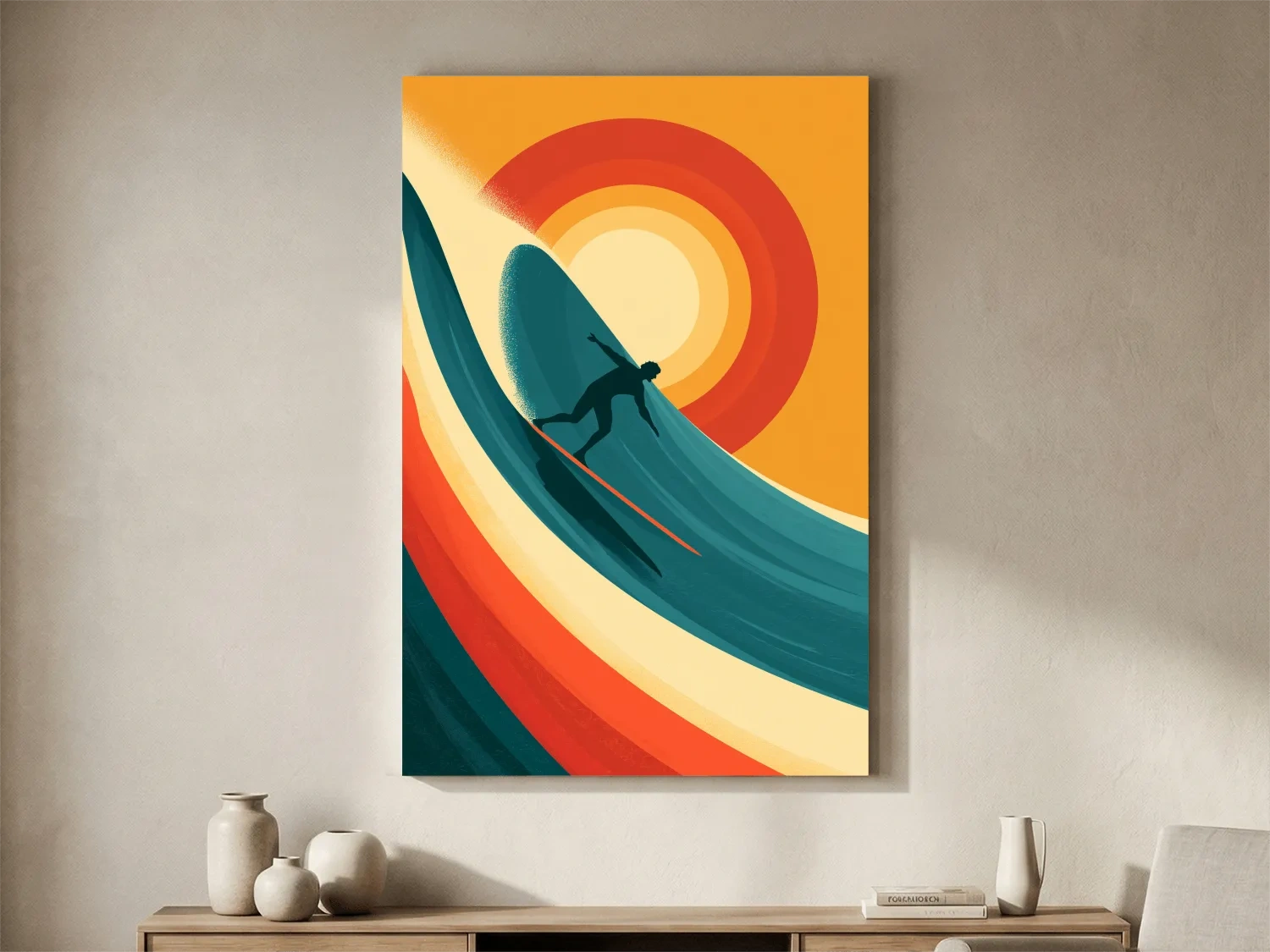 Mid-Century Surfer Wave Illustration - Retro Ocean Wall Art
