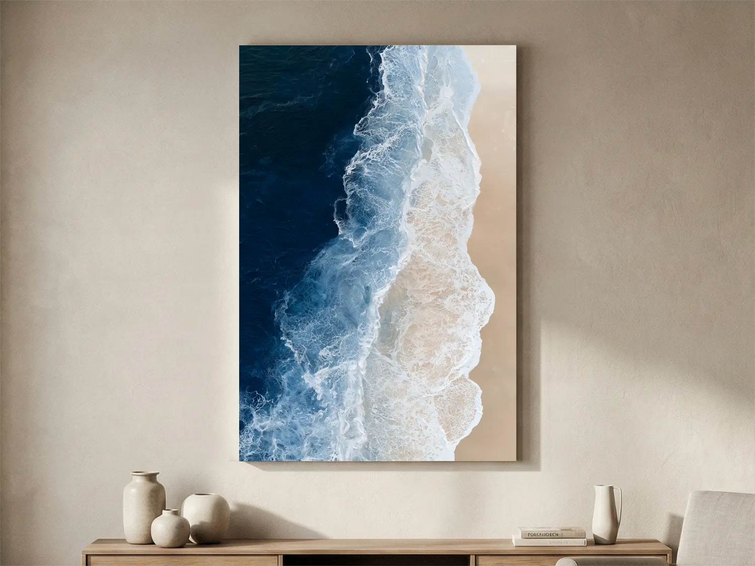 Aerial Crashing Waves Beach Painting - Abstract Ocean Wall Art