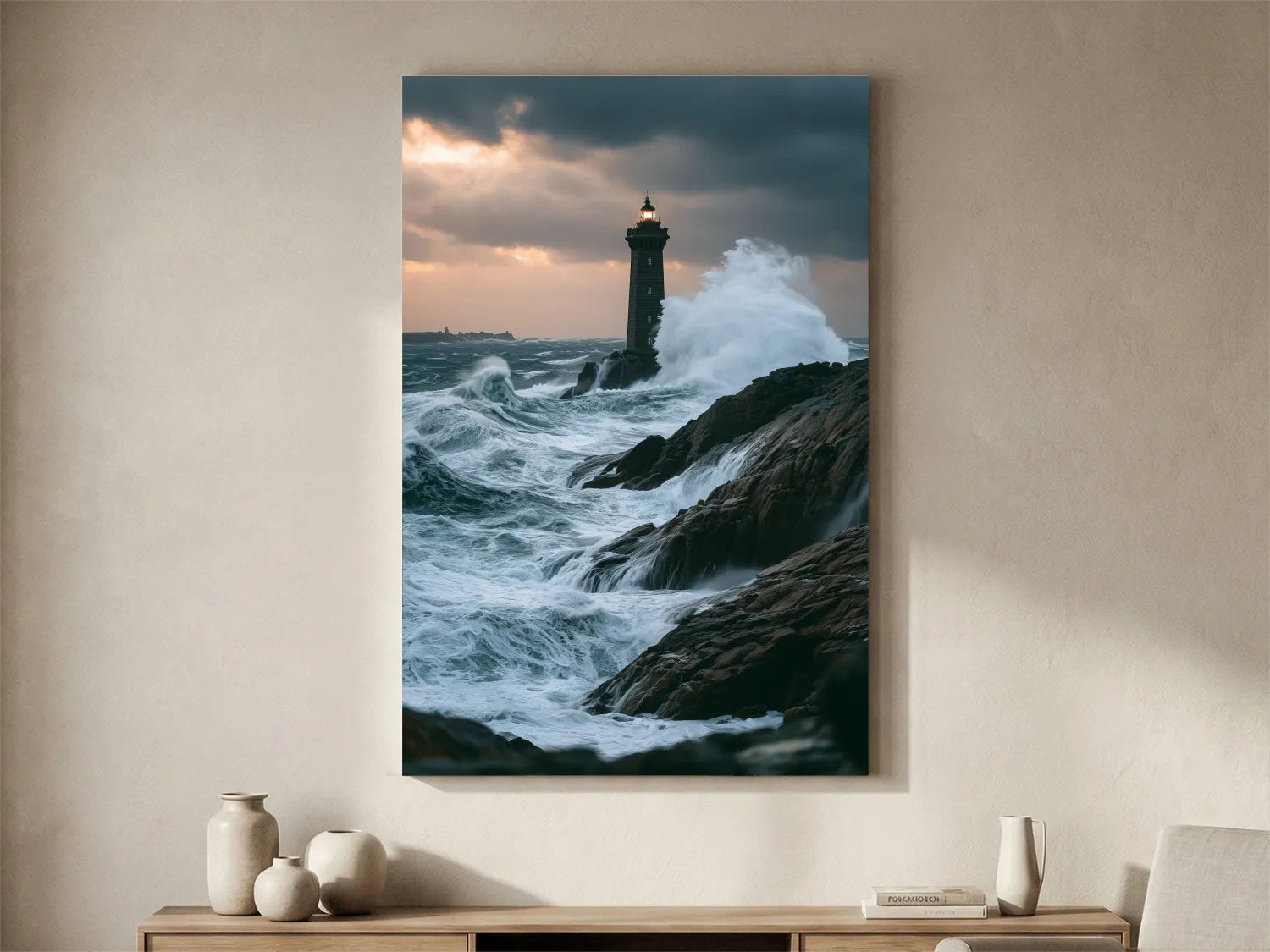 Misty Lighthouse Storm Waves - Dramatic Photographic Seascape Wall Art
