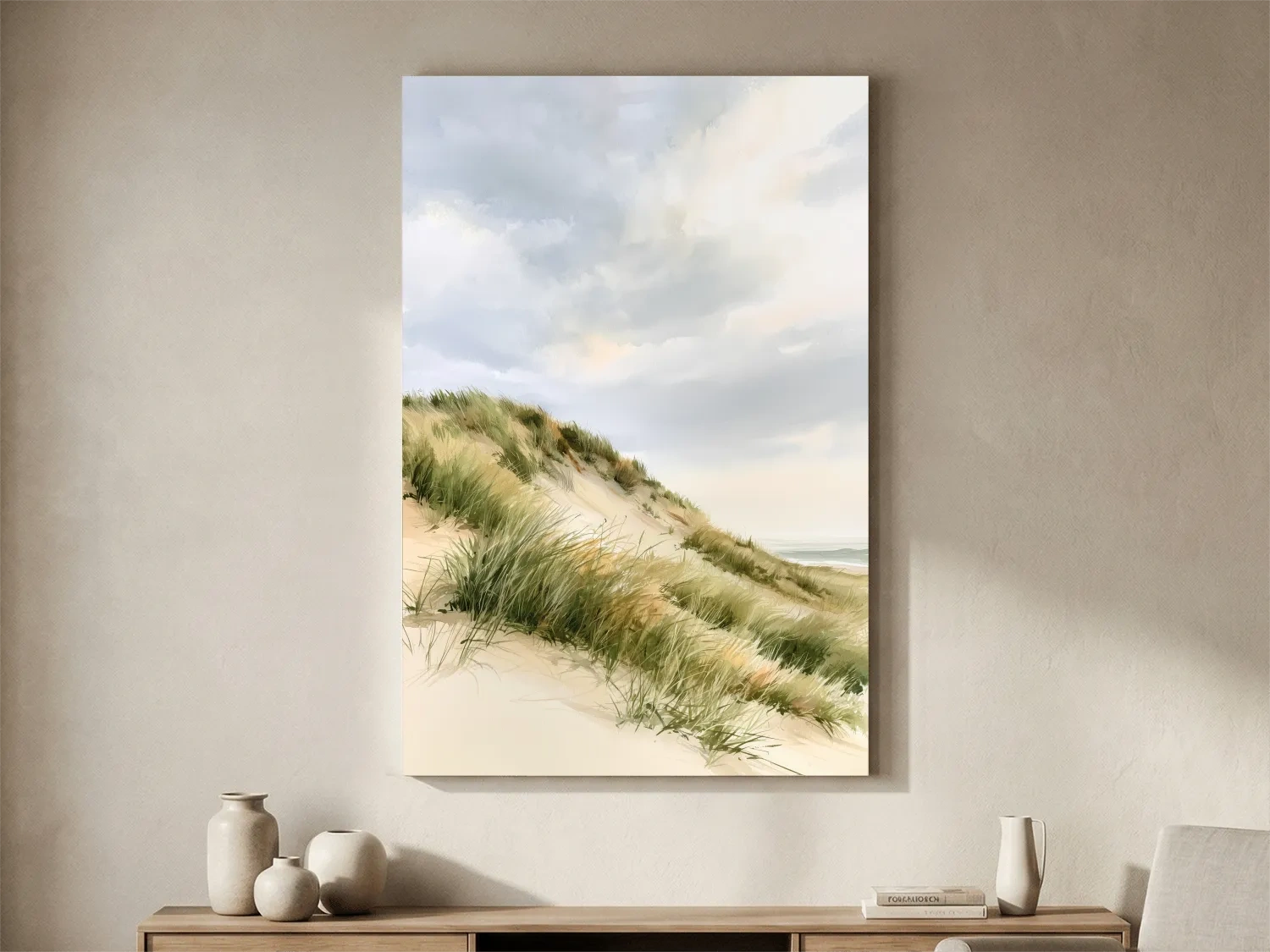 Serene Coastal Sand Dunes Watercolor - Soft Beach Landscape Wall Art
