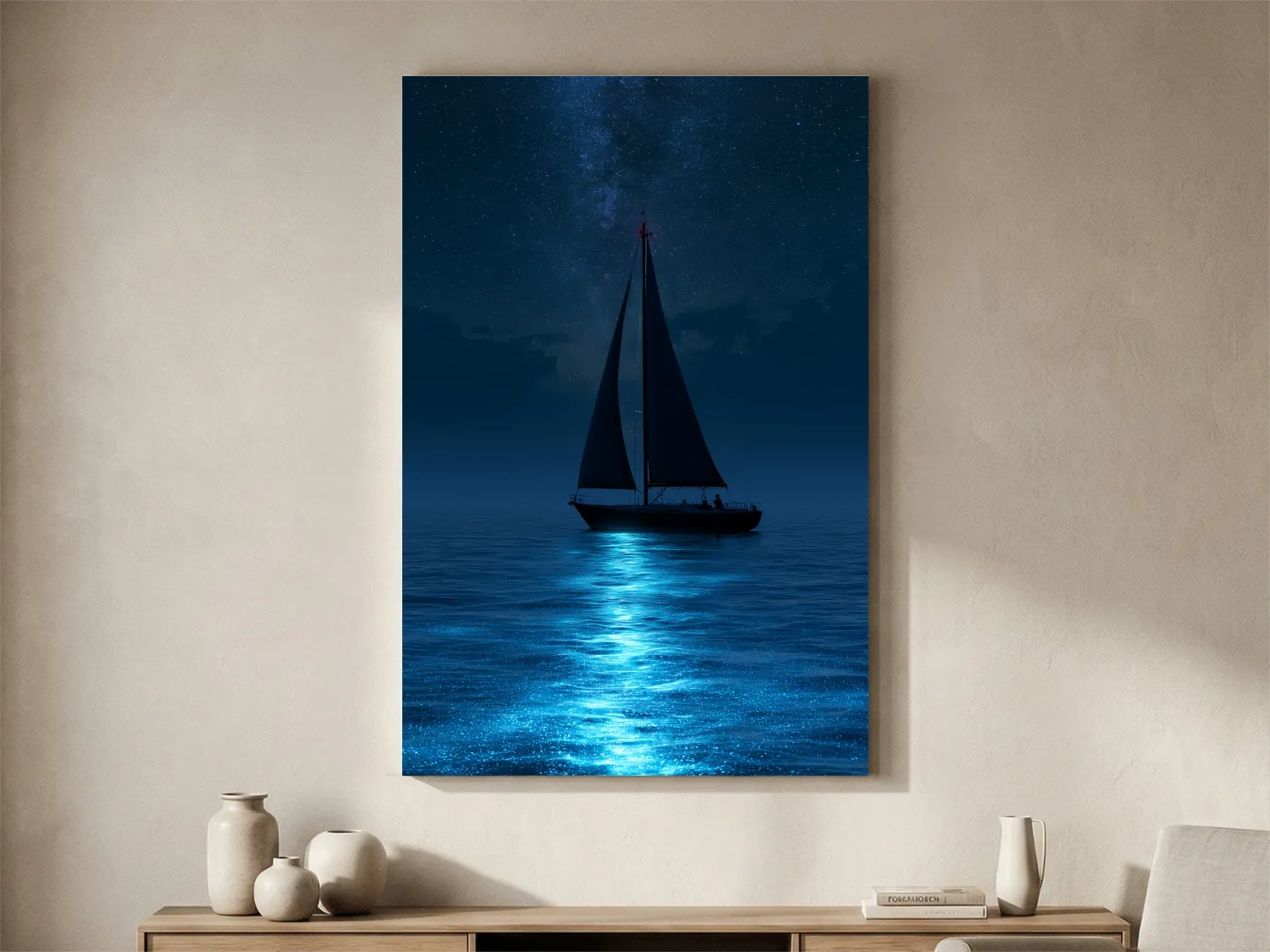 Surreal Sailboat Under Starlit Sky - Photographic Ocean Wall Art