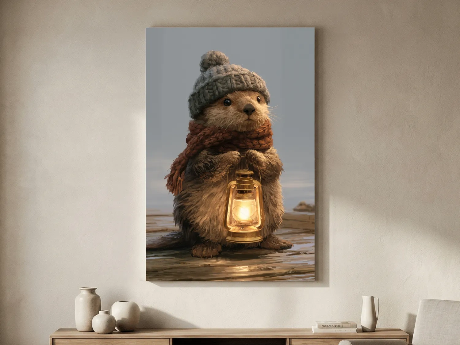 Whimsical Sea Otter Lantern Painting - Cozy Marine Life Wall Art