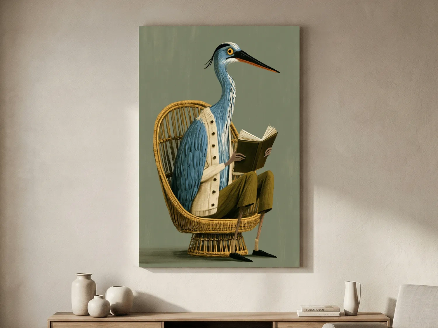 Whimsical Scandi Heron Reading Painting - Folk Art Bird Wall Art