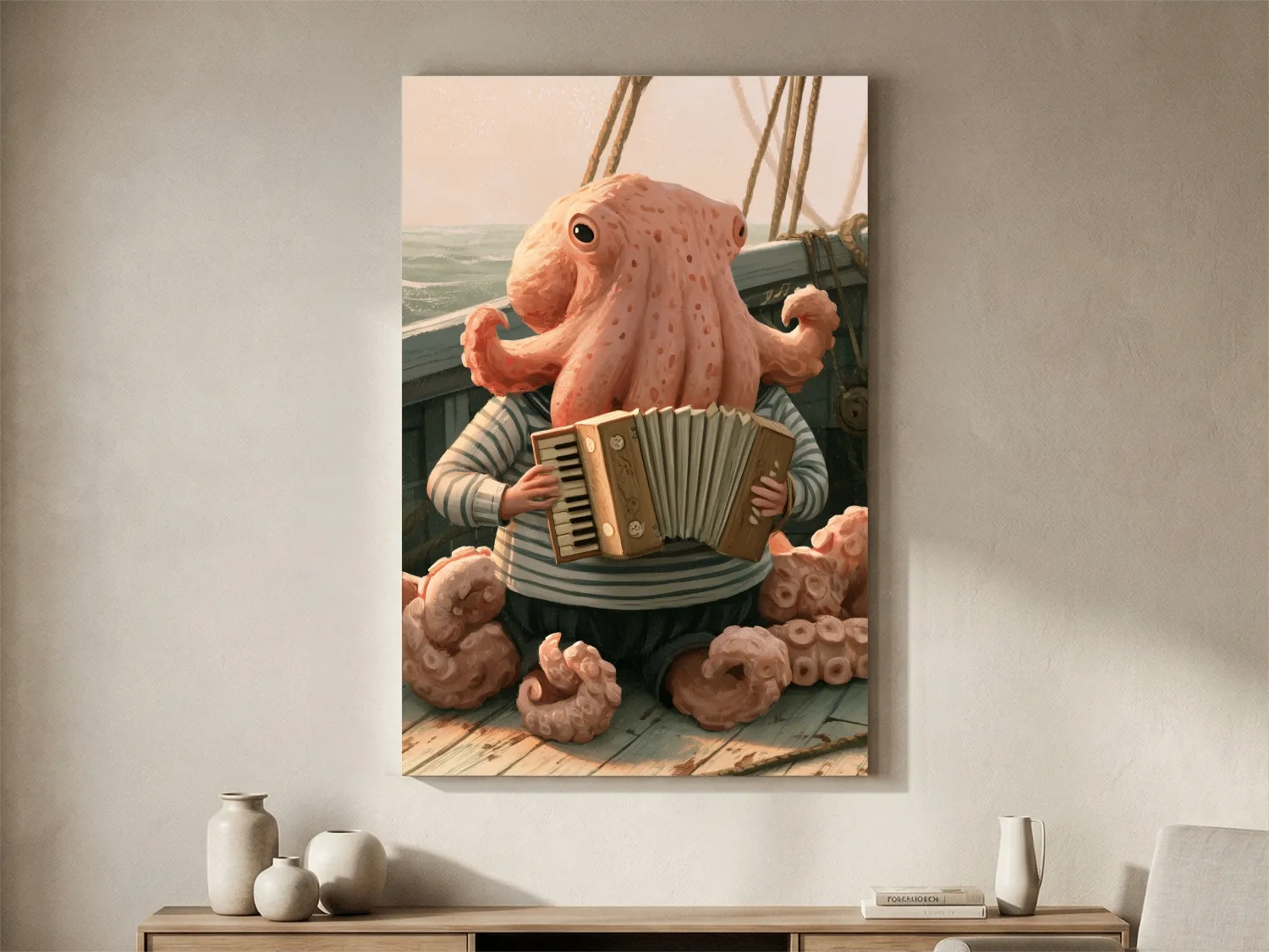 Whimsical Scandi Octopus Accordion Player - Nautical Folk Art Painting